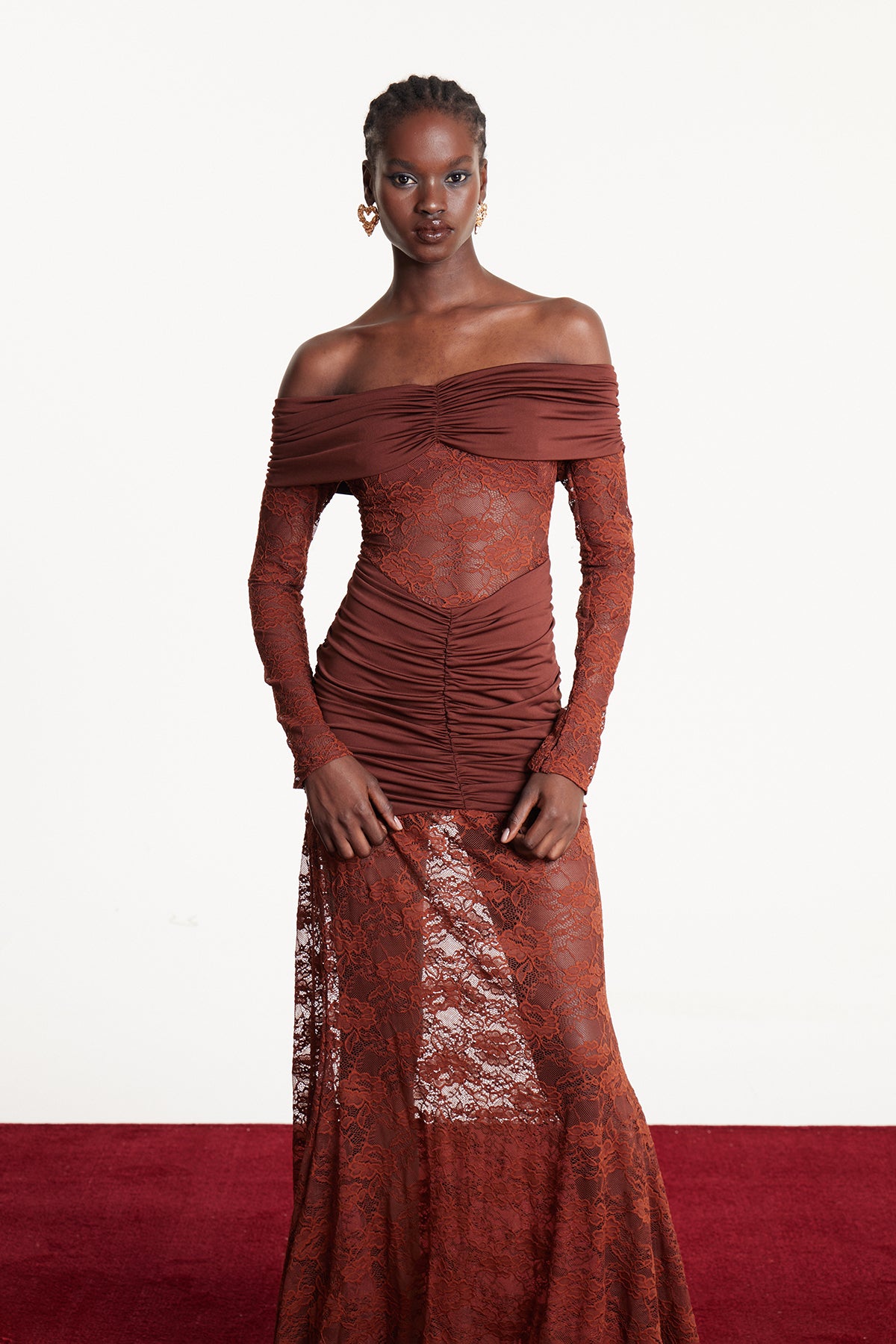 Darlene Strapless Ruch Lace Maxi Dress