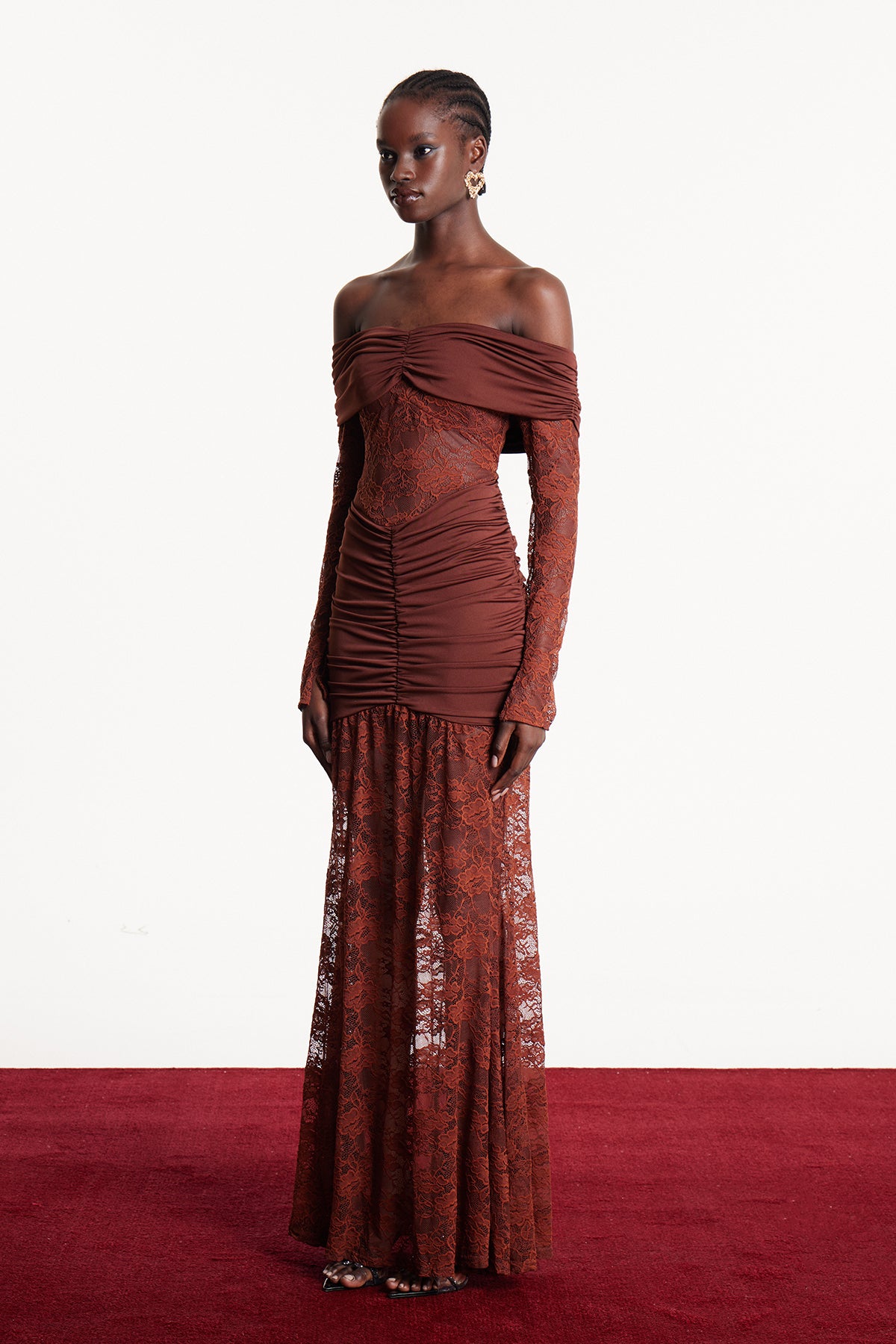 Darlene Strapless Ruch Lace Maxi Dress