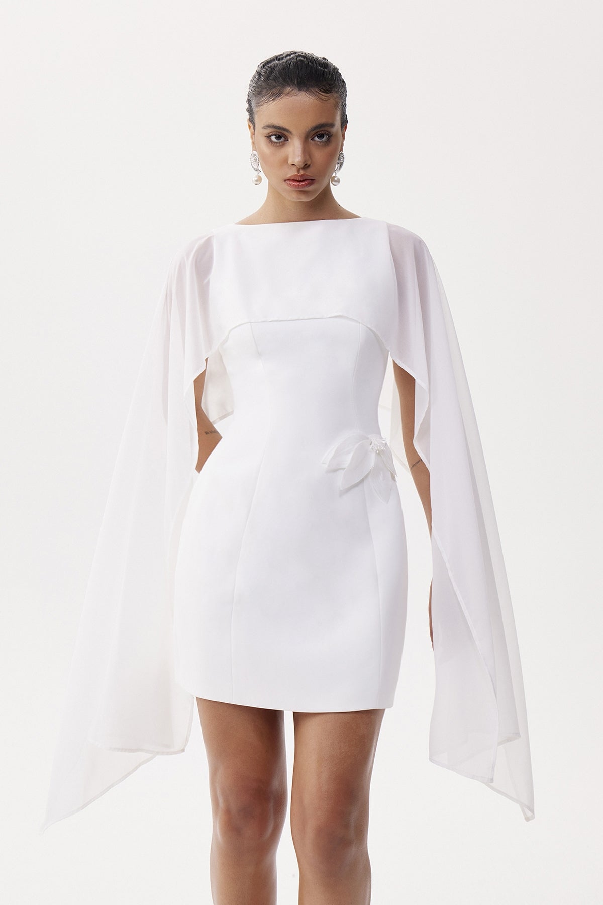 Davina Shawl Flower Mini Dress In White