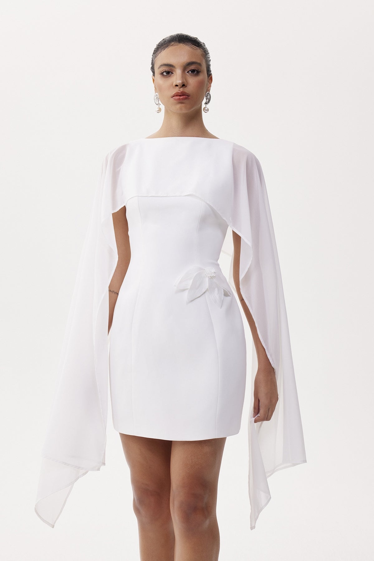 Davina Shawl Flower Mini Dress In White