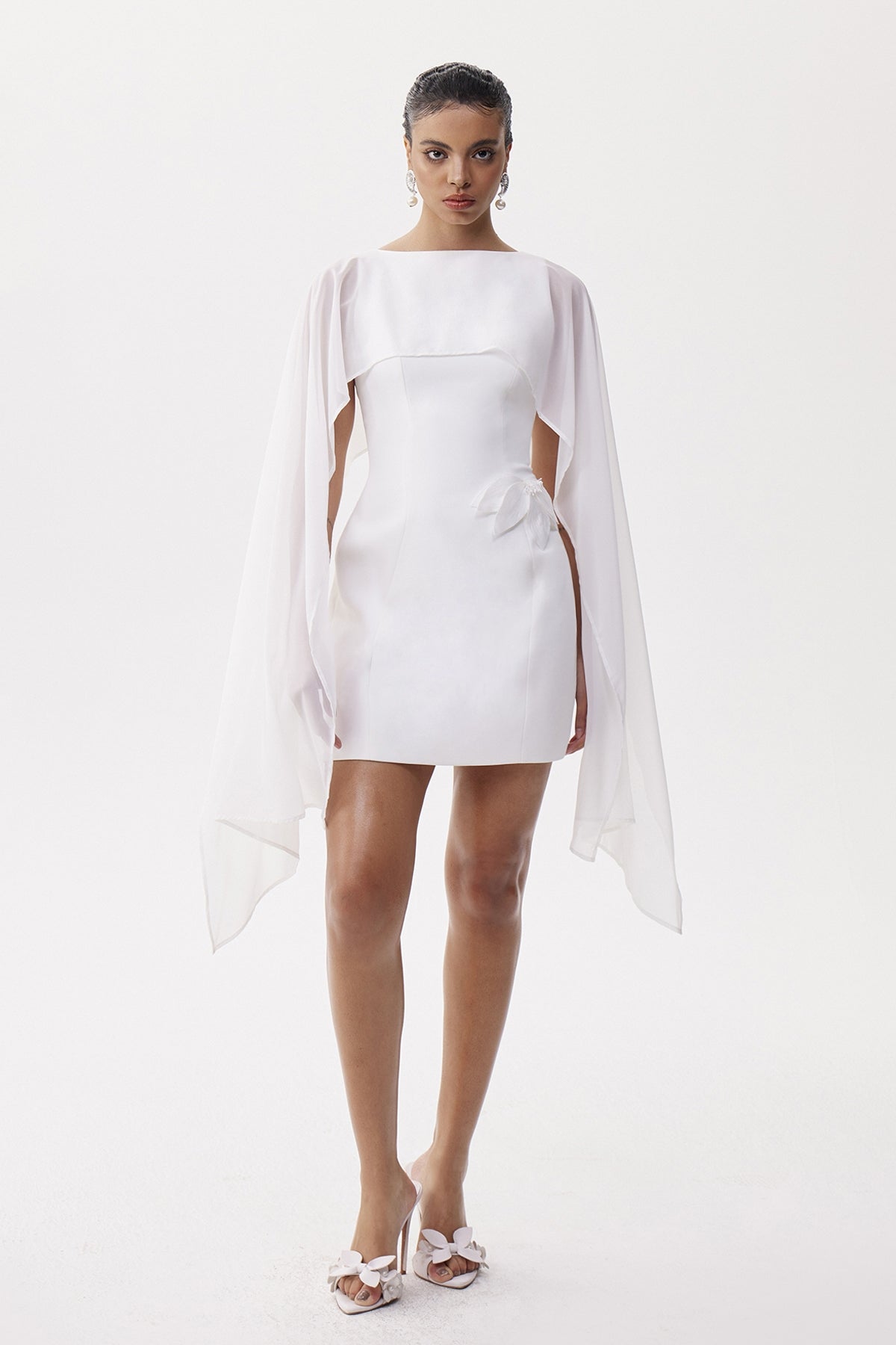 Davina Shawl Flower Mini Dress In White