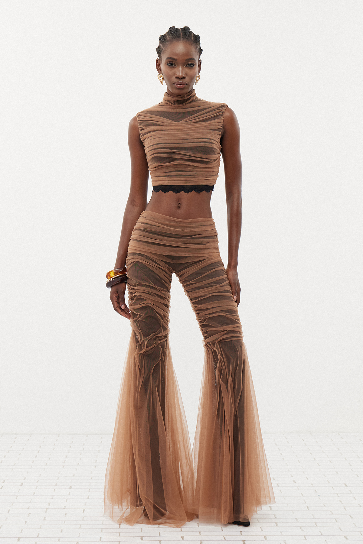 Davion Crop Lace Ruch Pants Set