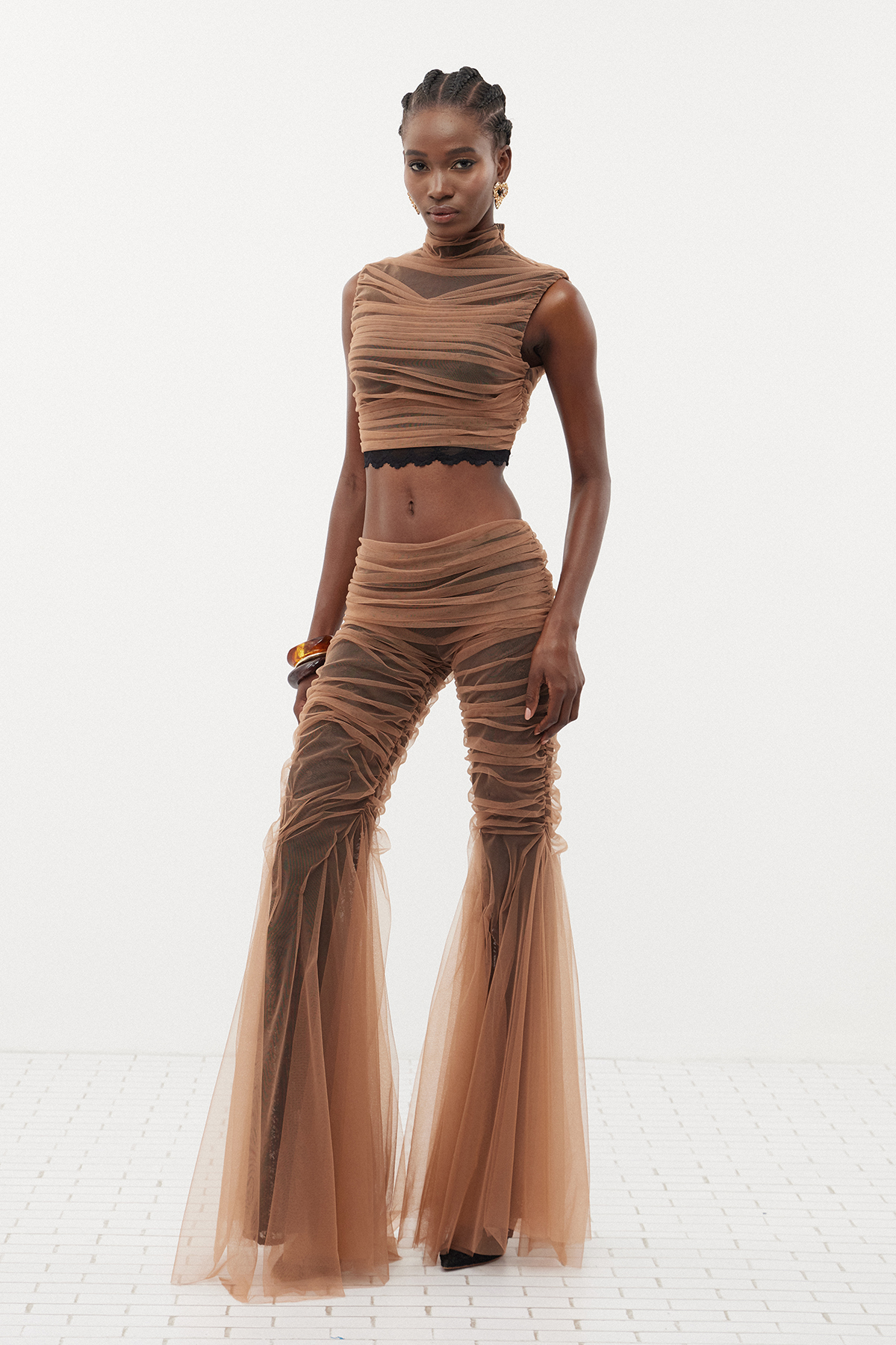 Davion Crop Lace Ruch Pants Set