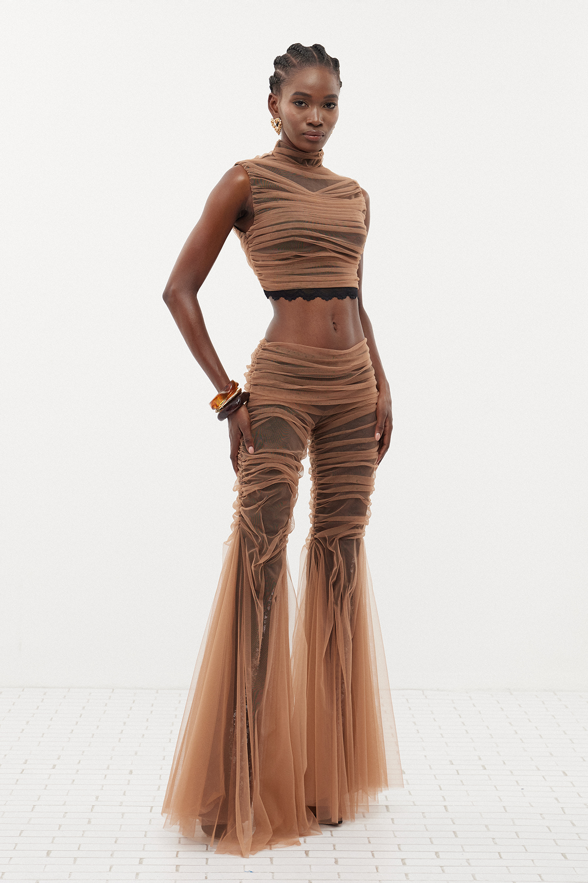 Davion Crop Lace Ruch Pants Set