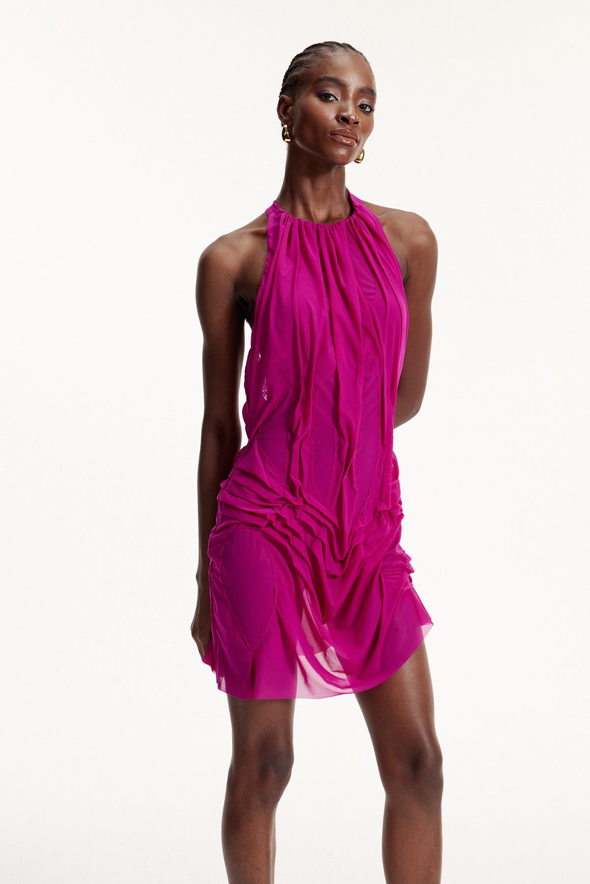 Davion Halter Neck Ruch Asymmetric Mini Dress In Purple