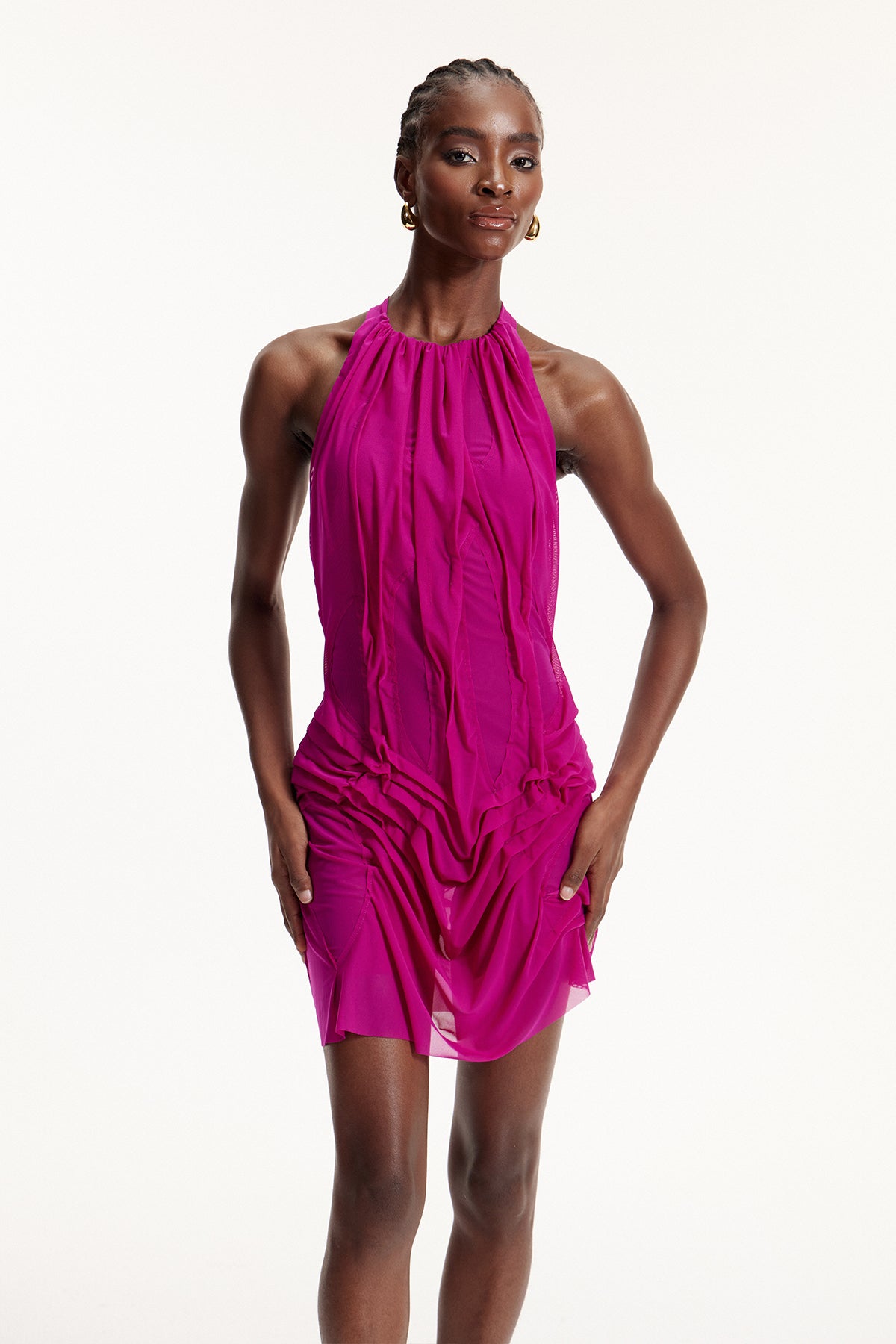 Davion Halter Neck Ruch Asymmetric Mini Dress In Purple