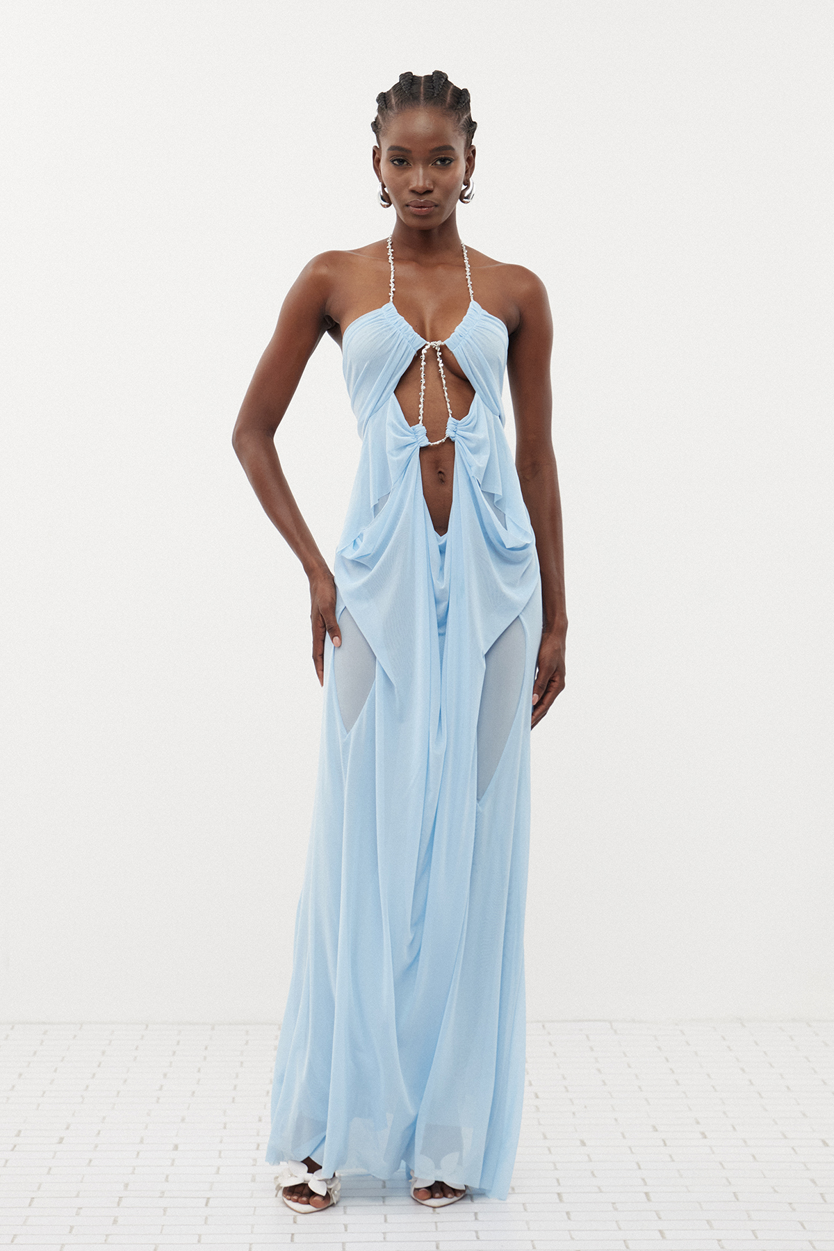Davis Plunge Chain Asymmetric Maxi Dress In Blue