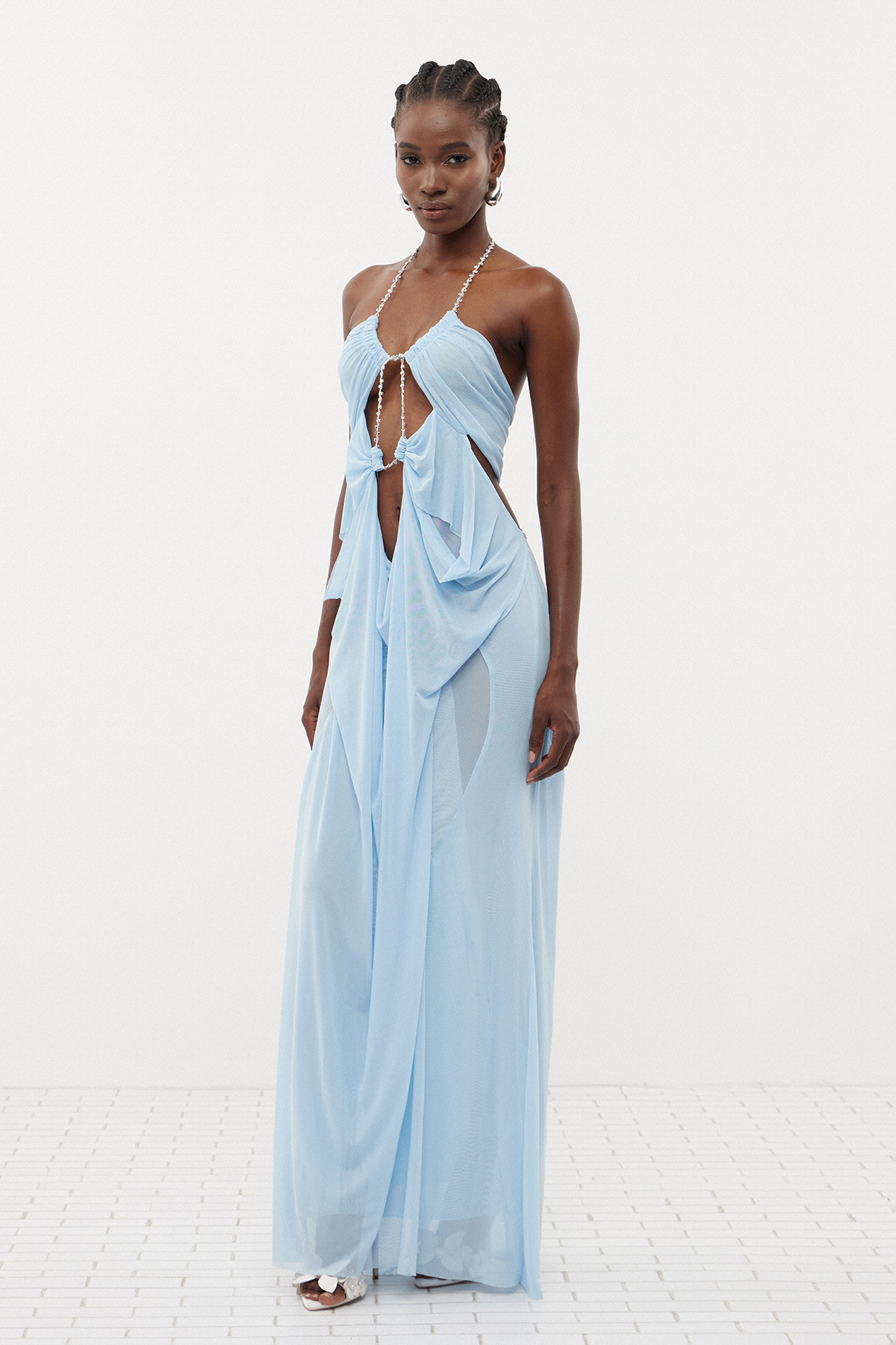 Davis Plunge Chain Asymmetric Maxi Dress In Blue