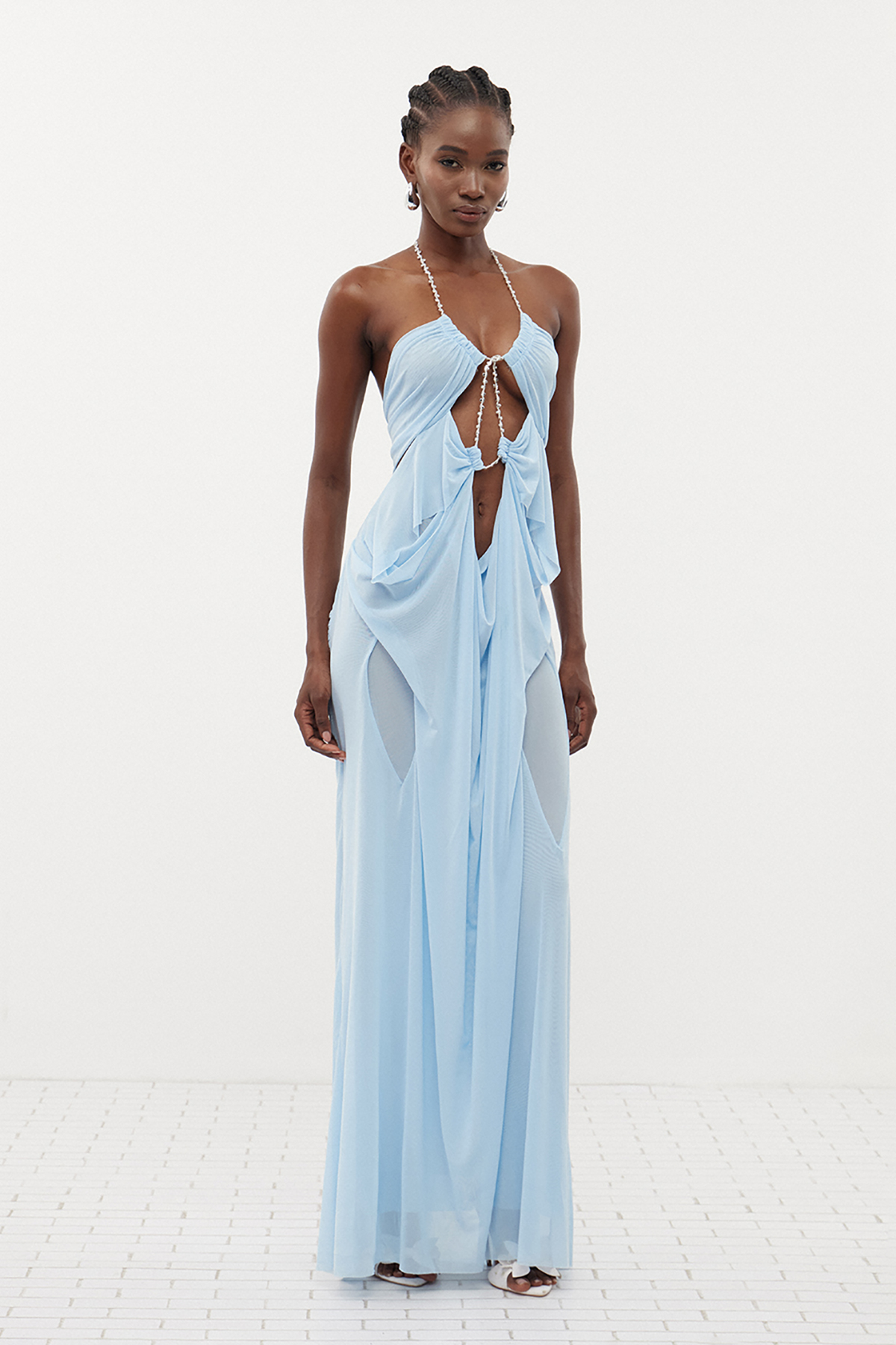 Davis Plunge Chain Asymmetric Maxi Dress In Blue