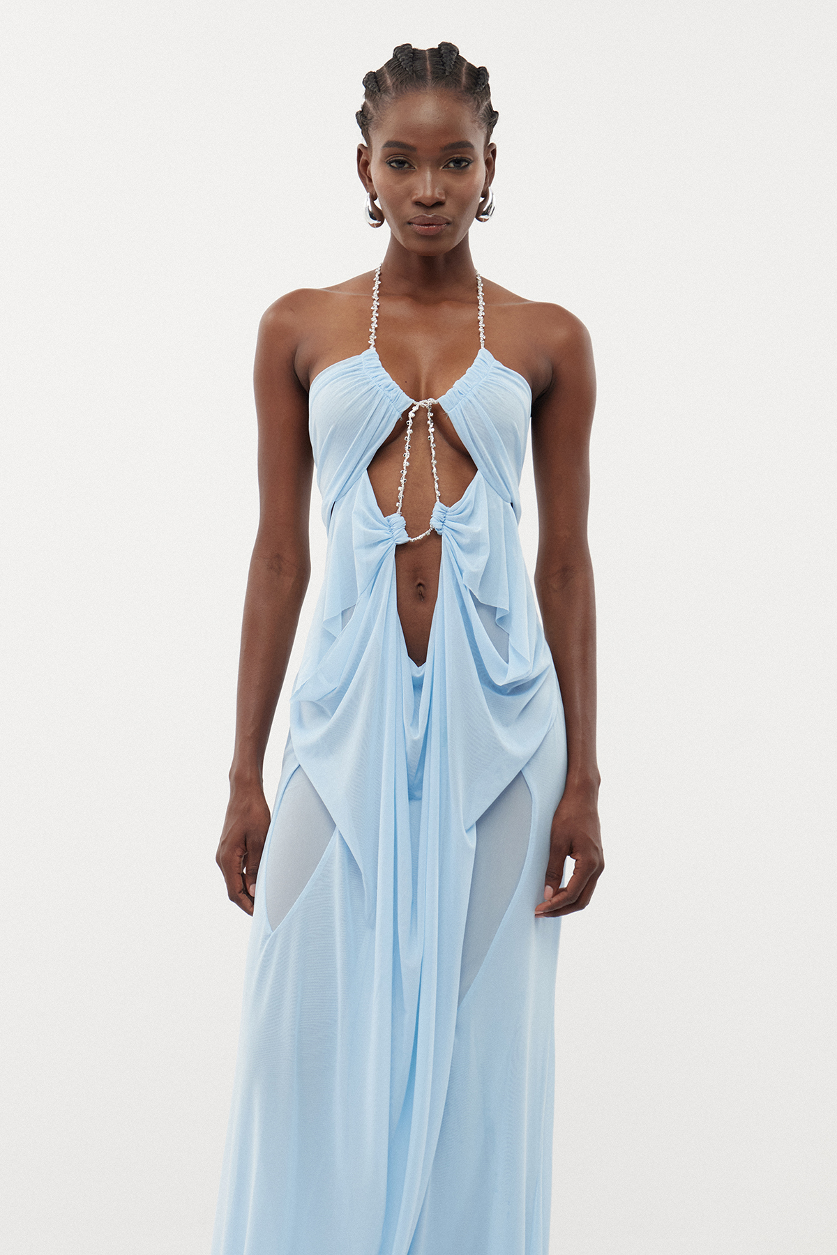Davis Plunge Chain Asymmetric Maxi Dress In Blue