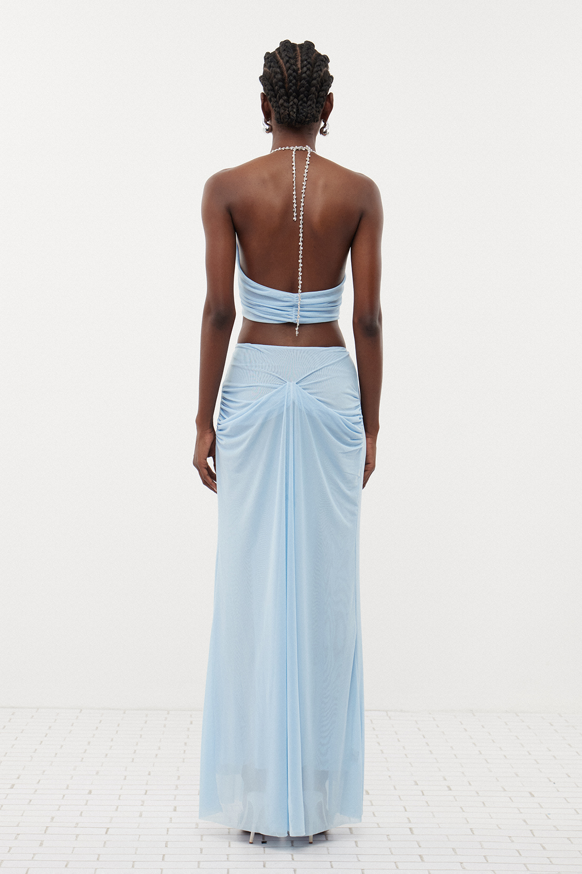 Davis Plunge Chain Asymmetric Maxi Dress In Blue