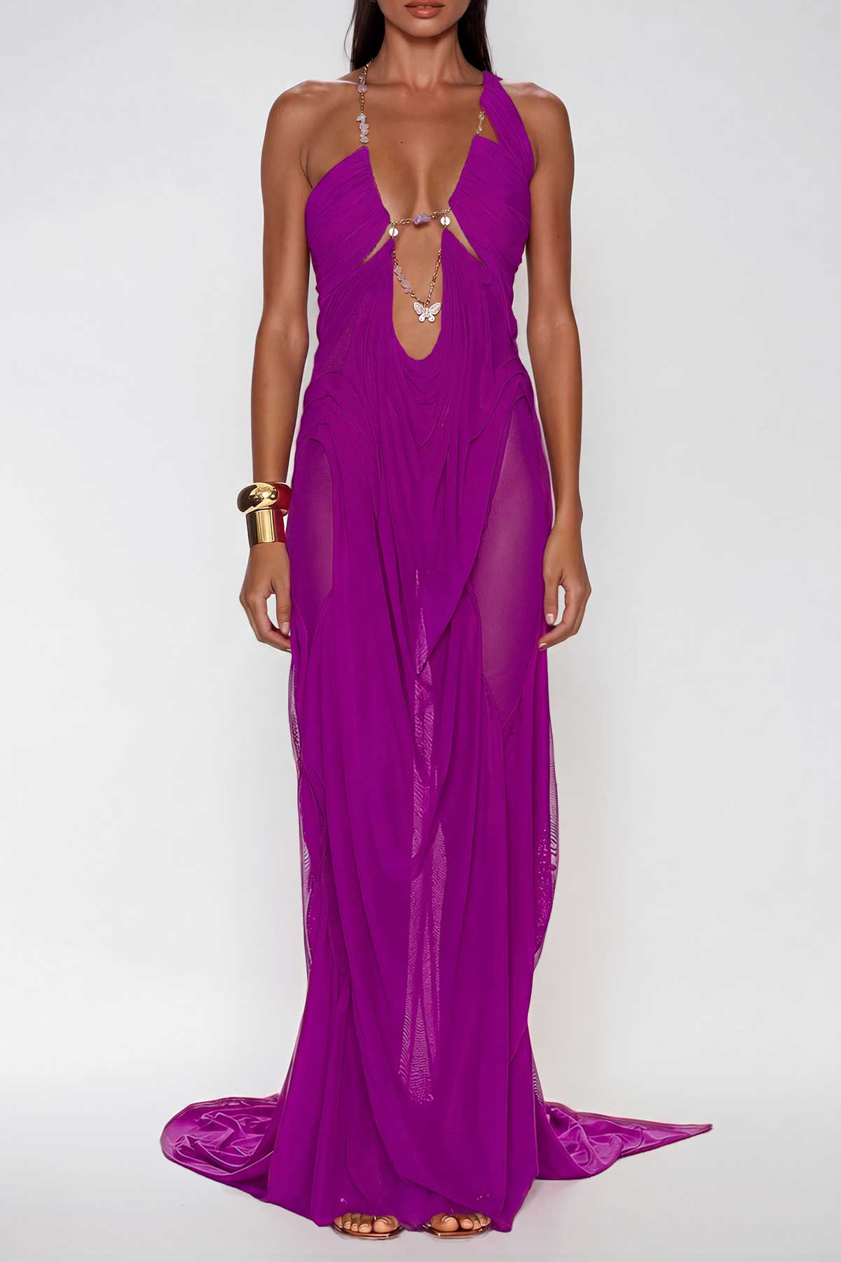 Davis Plunge Chain Asymmetric Maxi Dress In Hot Pink