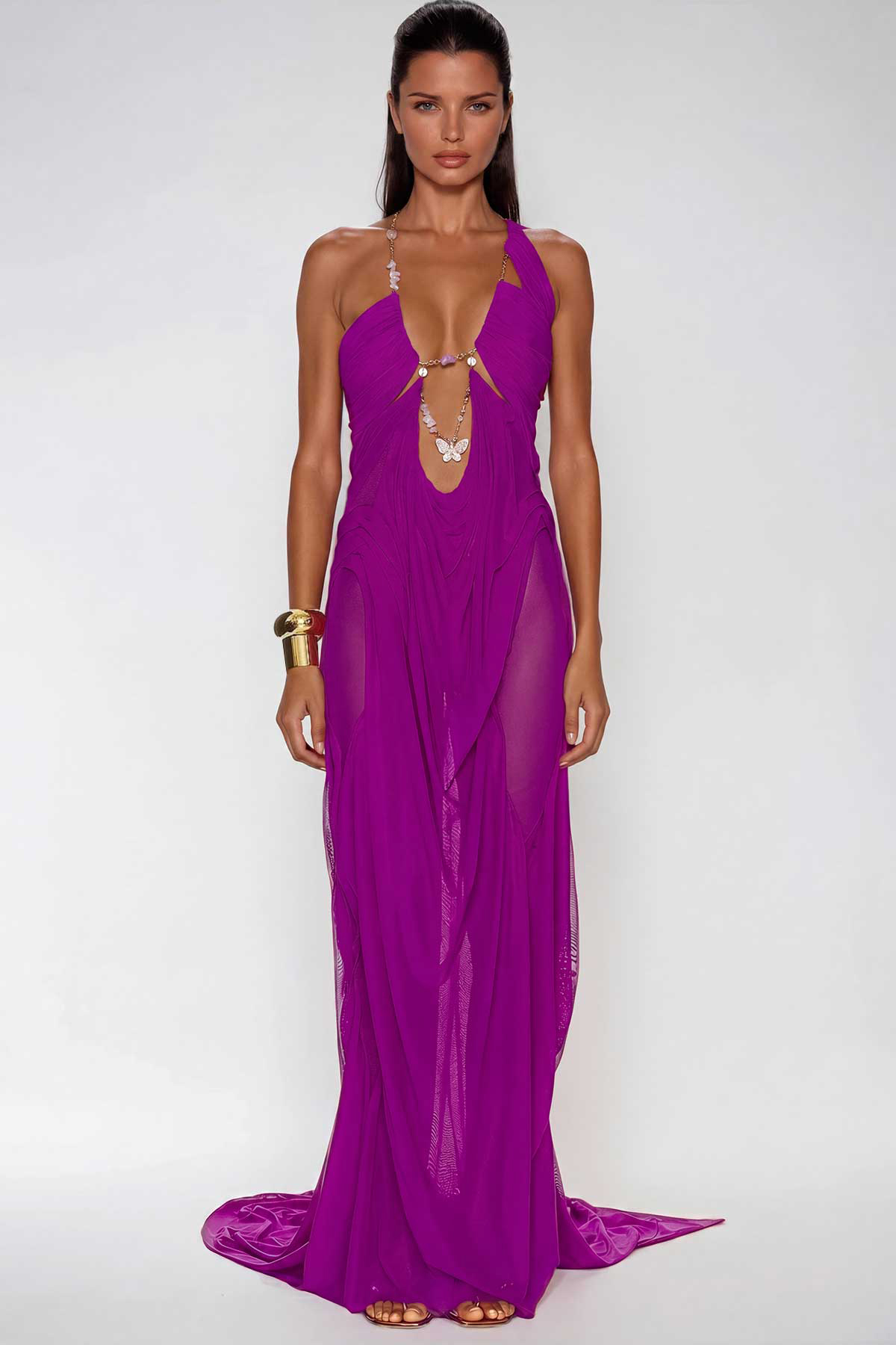Davis Plunge Chain Asymmetric Maxi Dress In Hot Pink