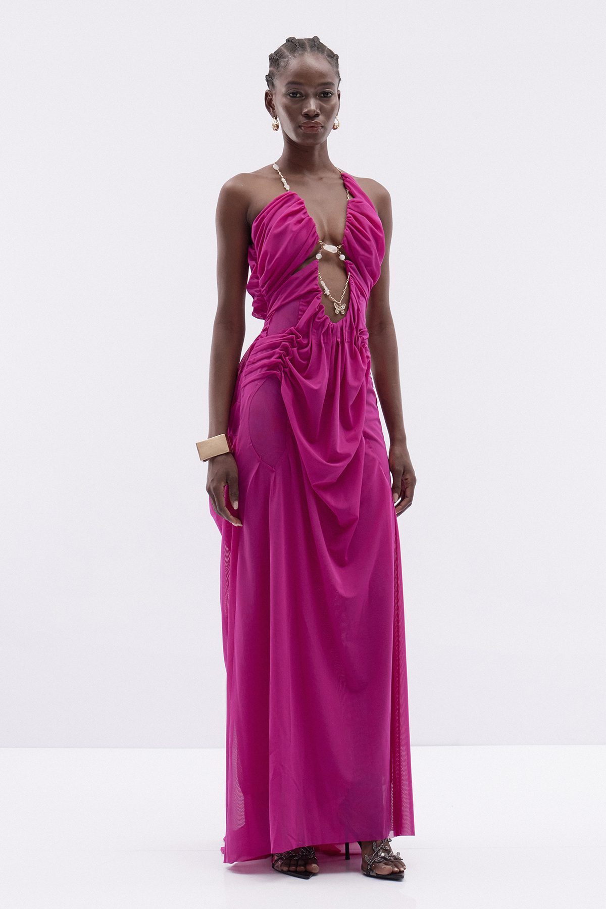 Davis Plunge Chain Asymmetric Maxi Dress In Hot Pink