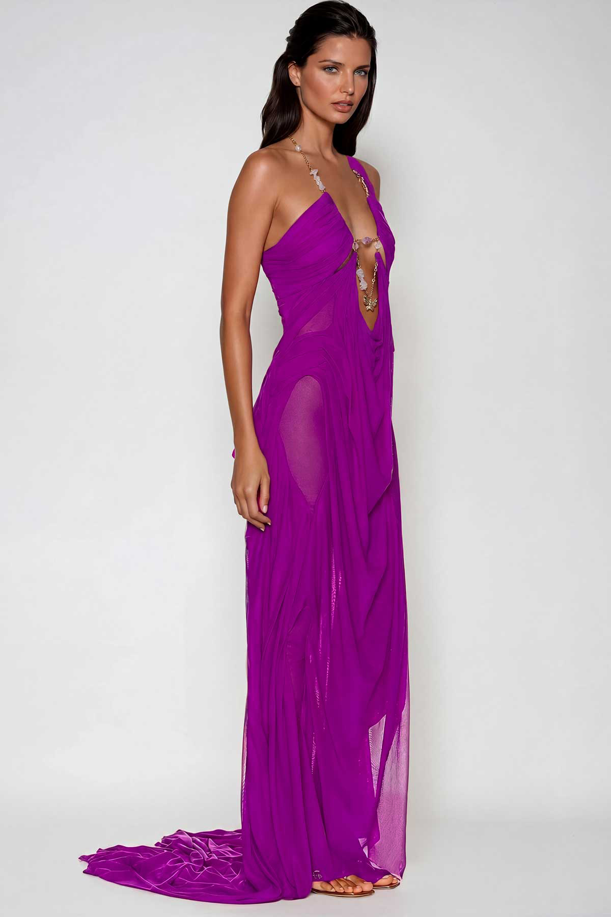 Davis Plunge Chain Asymmetric Maxi Dress In Hot Pink