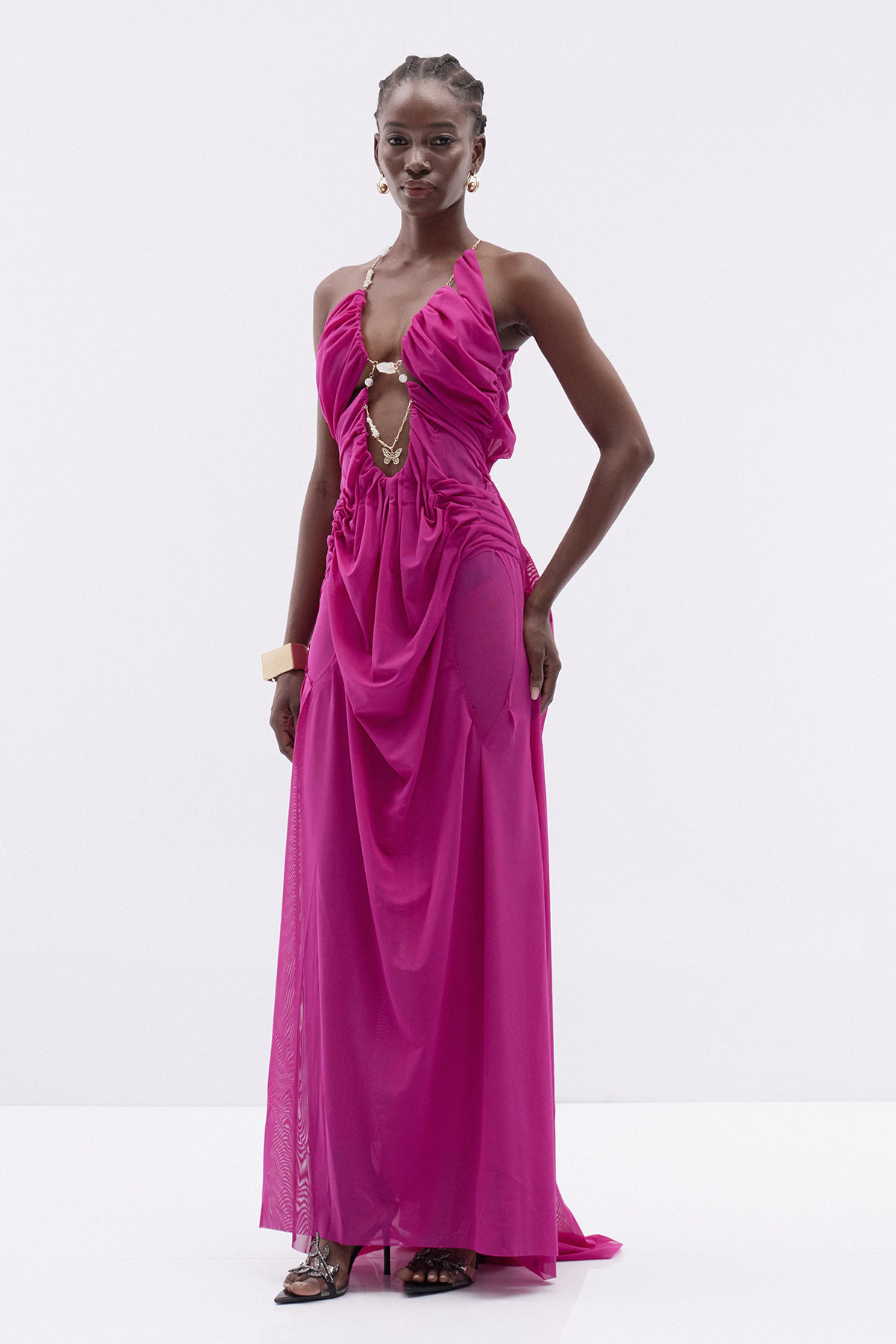 Davis Plunge Chain Asymmetric Maxi Dress In Hot Pink