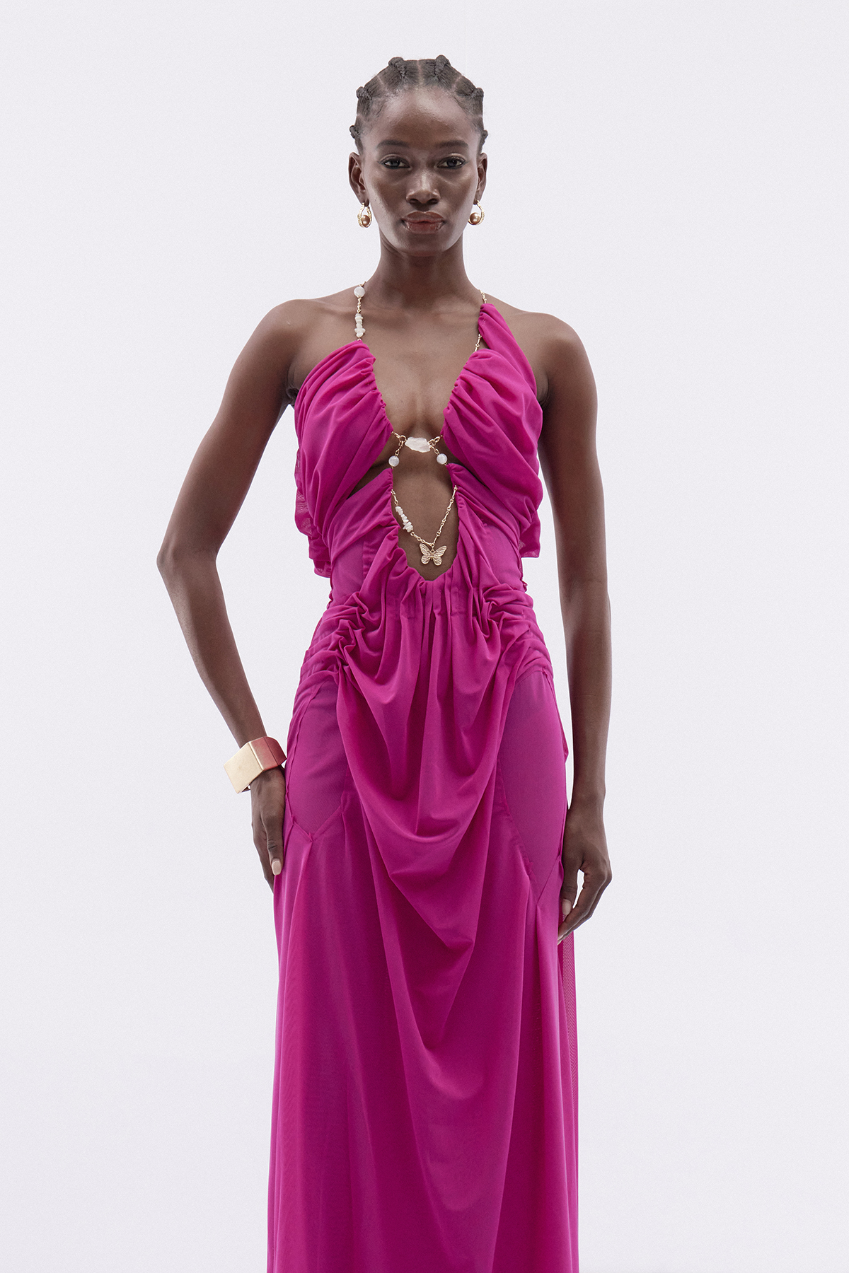 Davis Plunge Chain Asymmetric Maxi Dress In Hot Pink