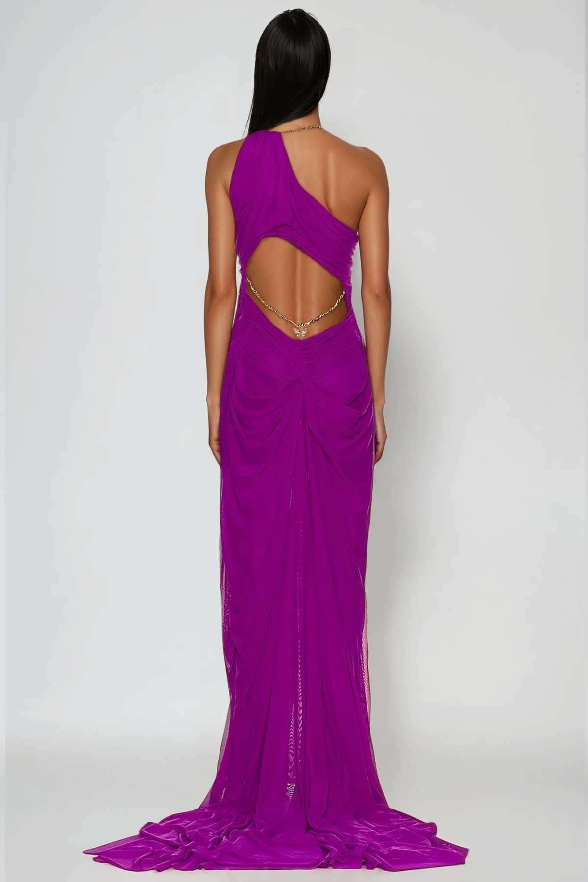 Davis Plunge Chain Asymmetric Maxi Dress In Hot Pink