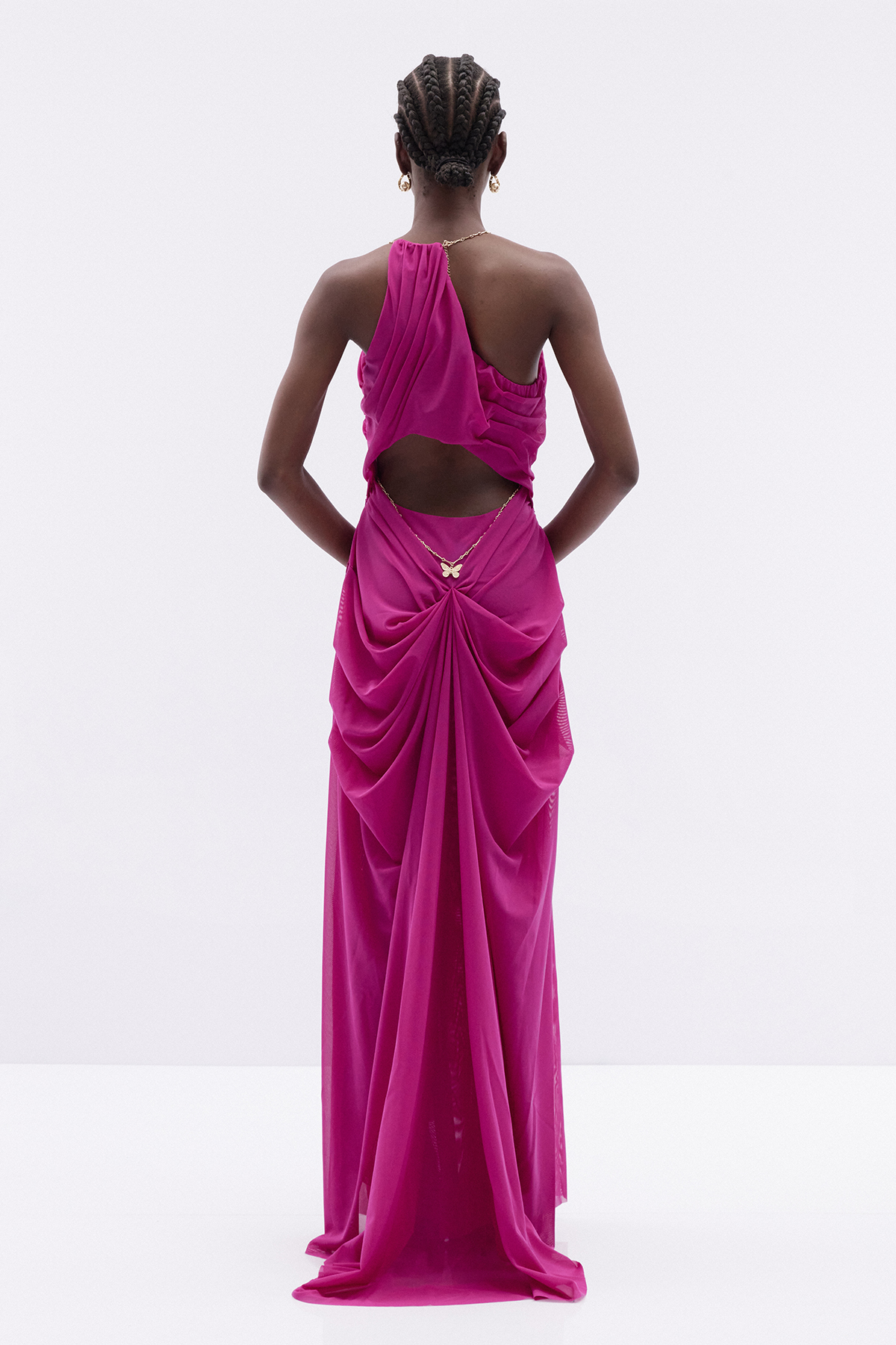 Davis Plunge Chain Asymmetric Maxi Dress In Hot Pink