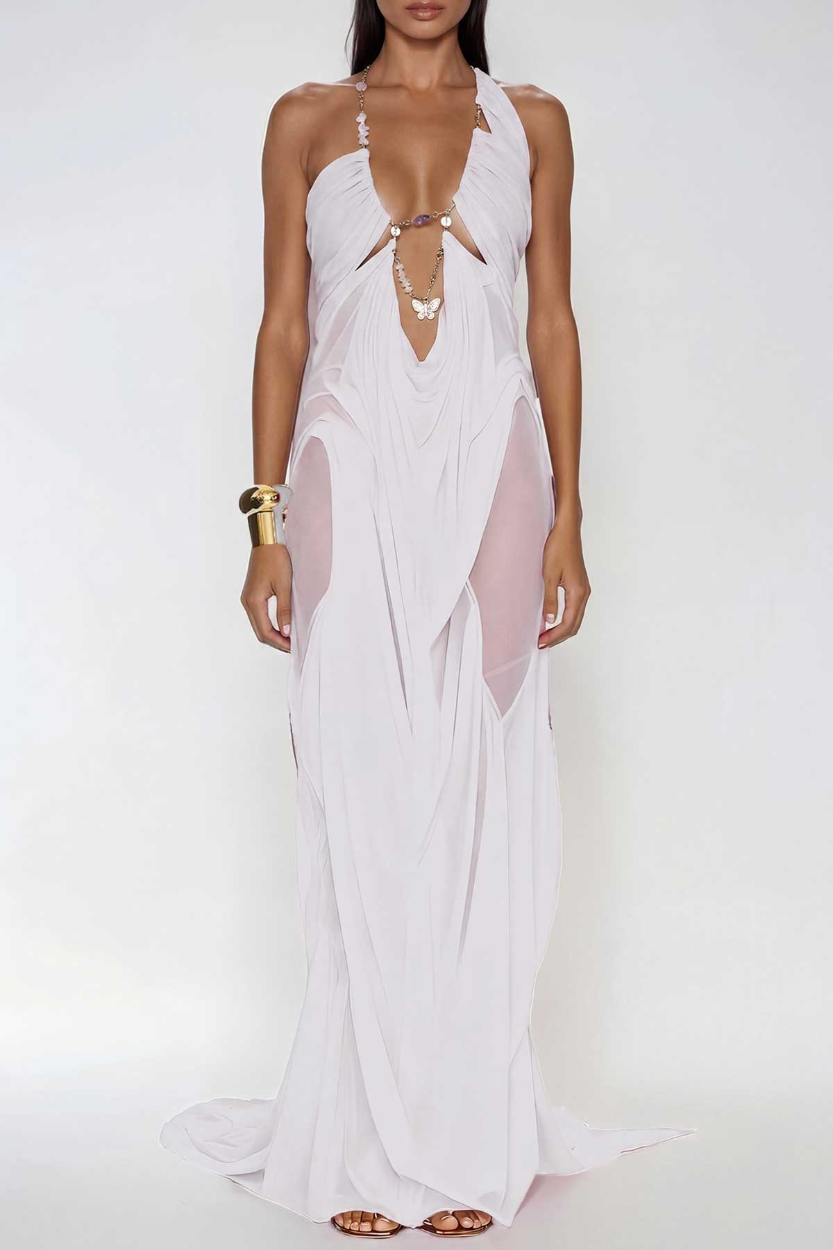 Davis Plunge Chain Asymmetric Maxi Dress In White