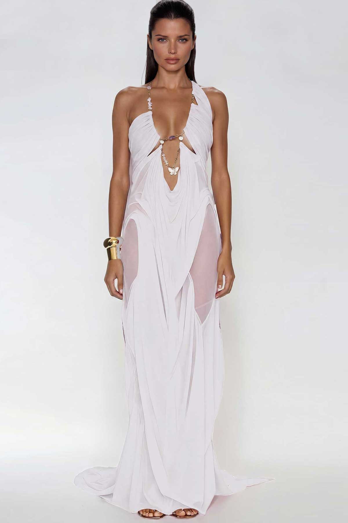 Davis Plunge Chain Asymmetric Maxi Dress In White