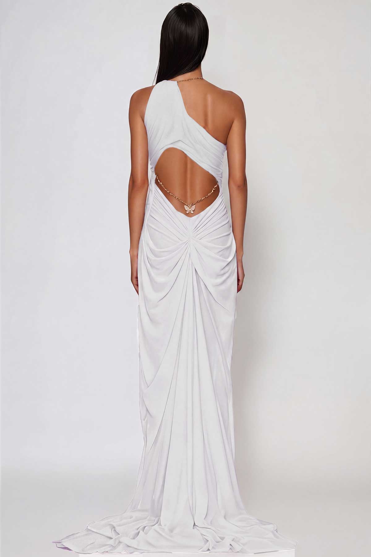 Davis Plunge Chain Asymmetric Maxi Dress In White