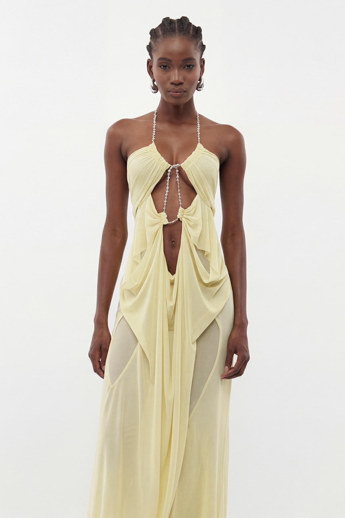 Davis Plunge Chain Asymmetric Maxi Dress In Yellow