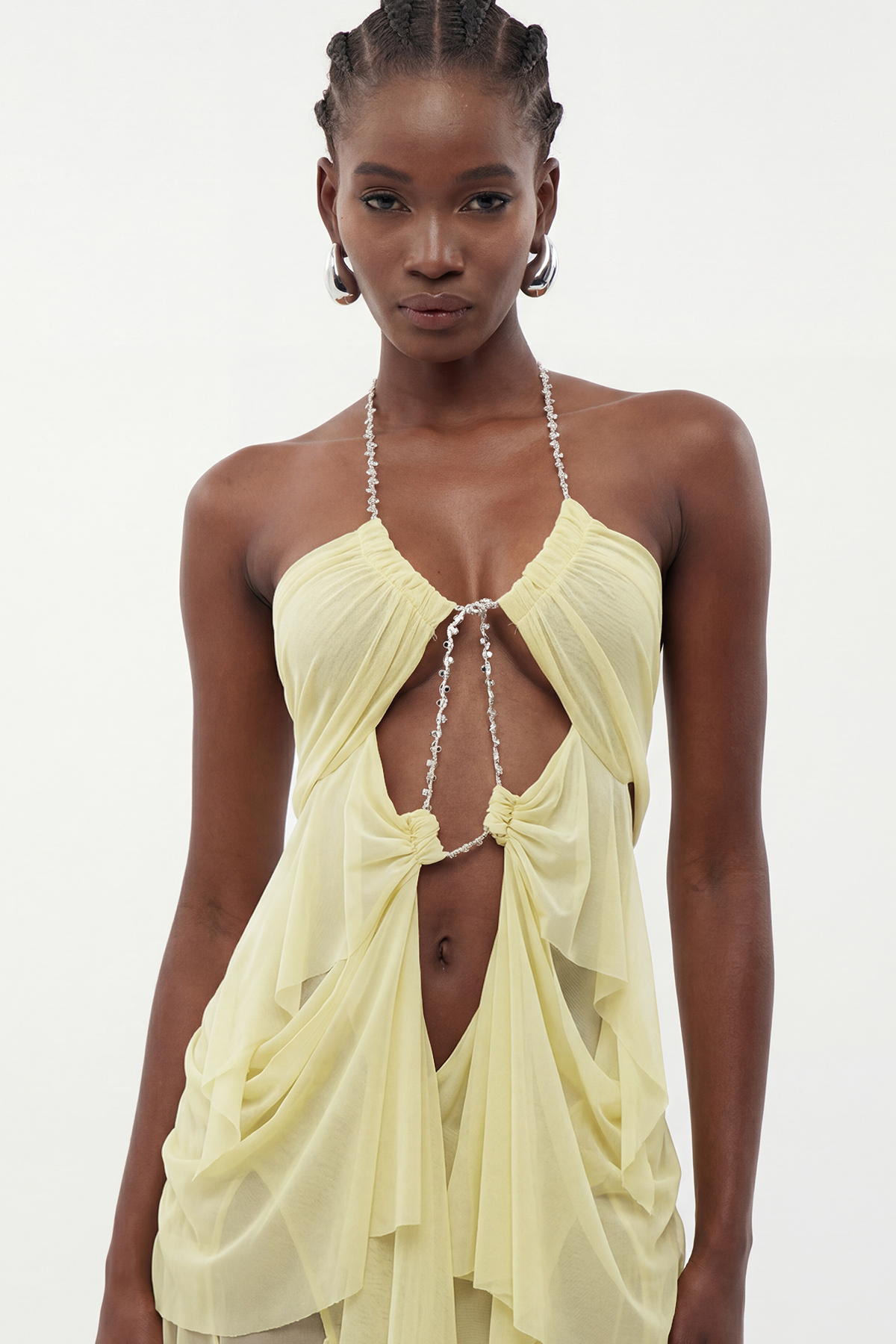 Davis Plunge Chain Asymmetric Maxi Dress In Yellow
