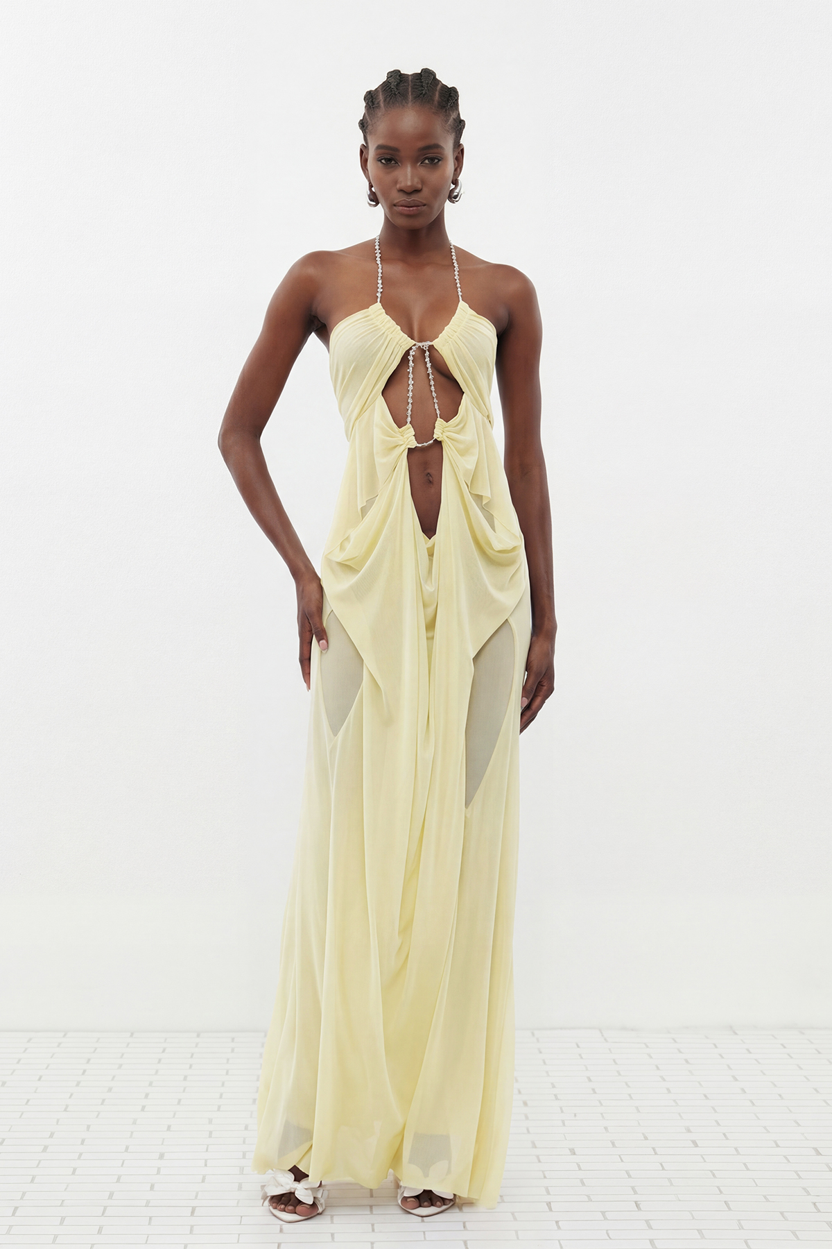 Davis Plunge Chain Asymmetric Maxi Dress In Yellow