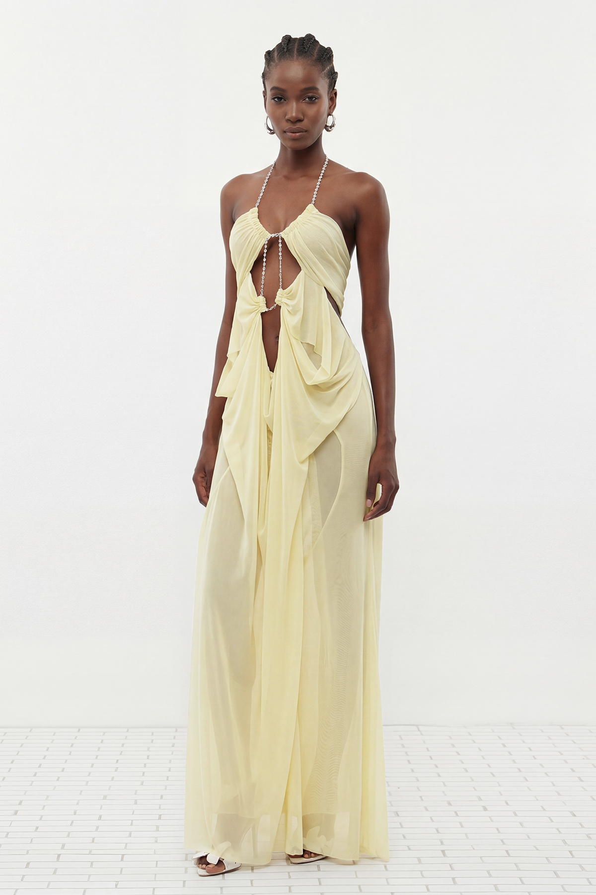 Davis Plunge Chain Asymmetric Maxi Dress In Yellow