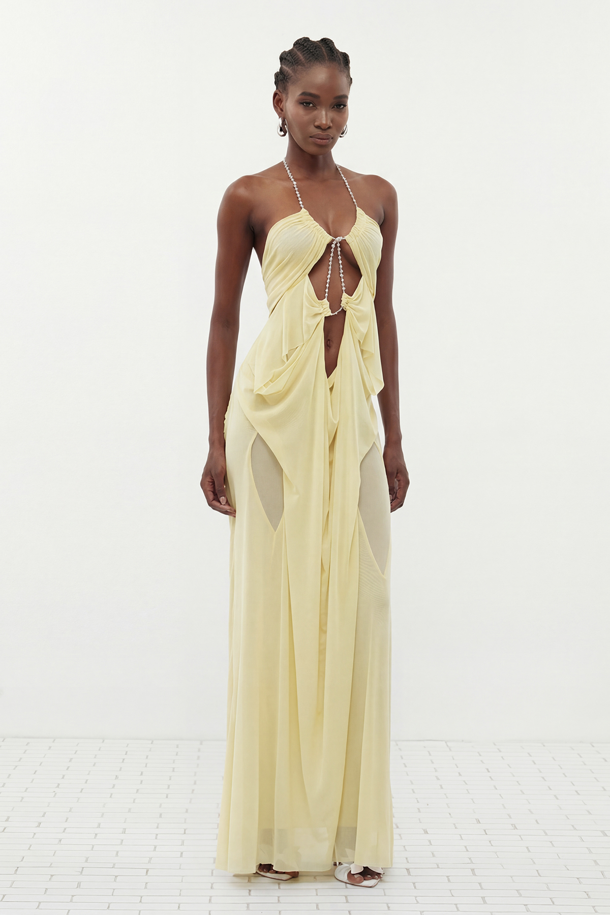 Davis Plunge Chain Asymmetric Maxi Dress In Yellow