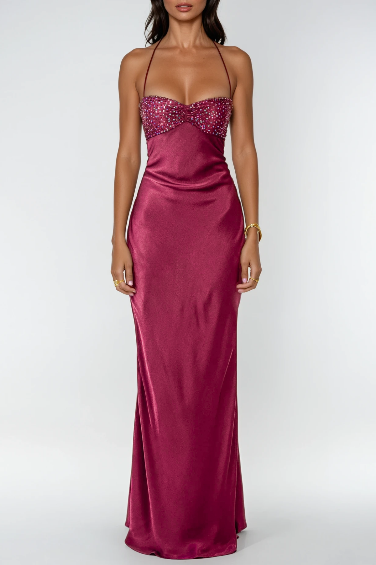 Davlat Halter Neck Sequin Satin Maxi Dress In Purple