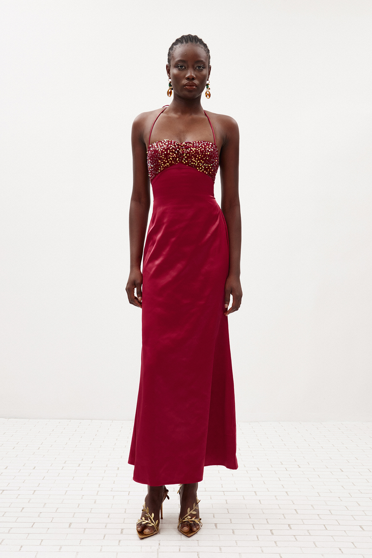 Davlat Halter Neck Sequin Satin Maxi Dress In Purple