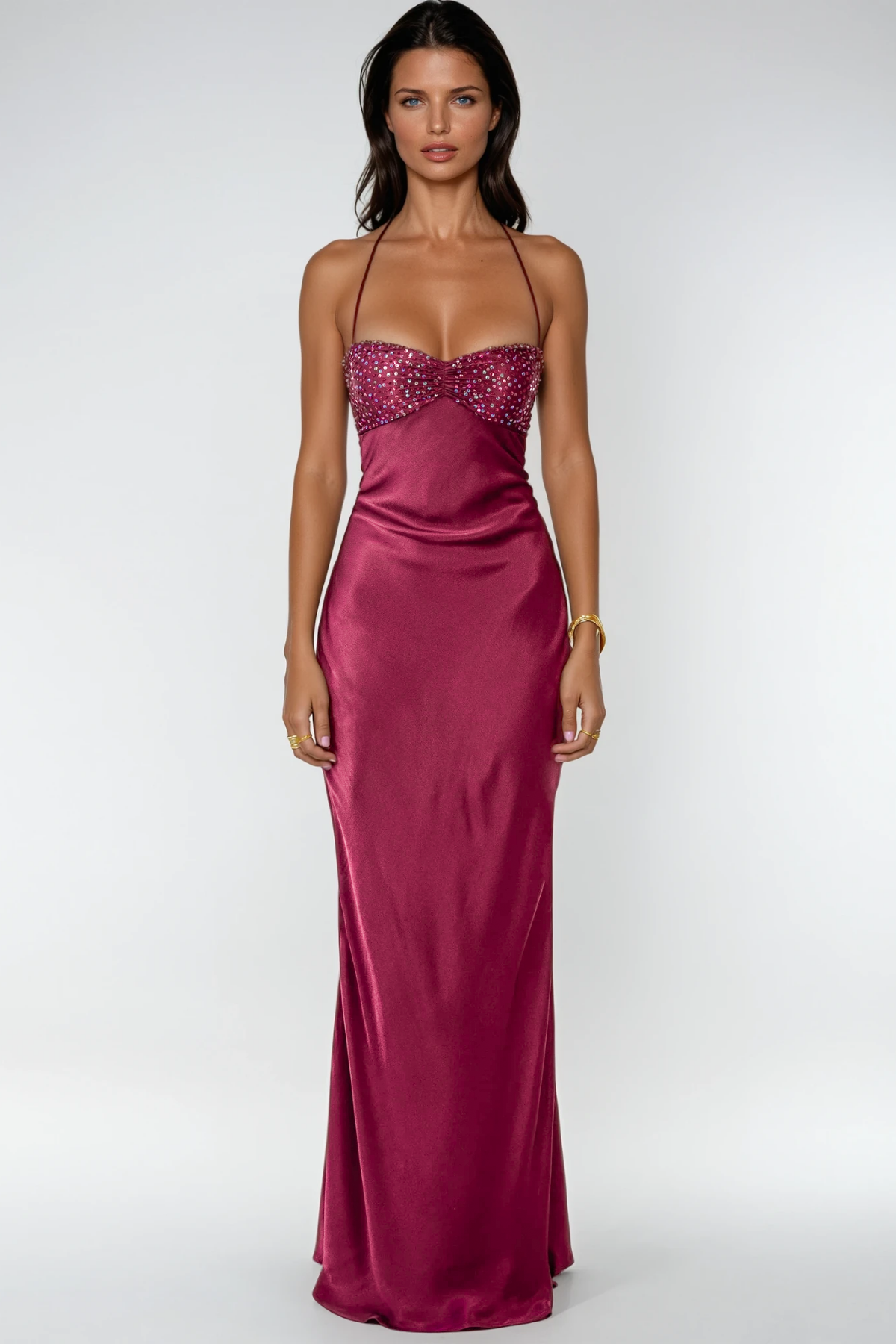 Davlat Halter Neck Sequin Satin Maxi Dress In Purple