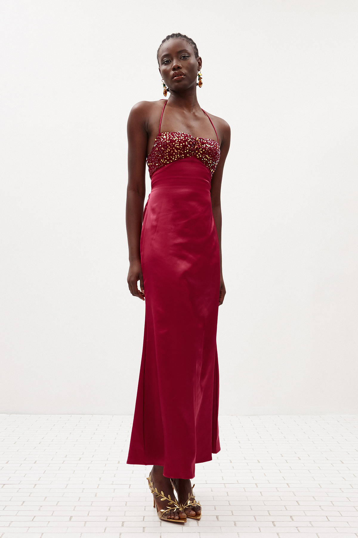 Davlat Halter Neck Sequin Satin Maxi Dress In Purple
