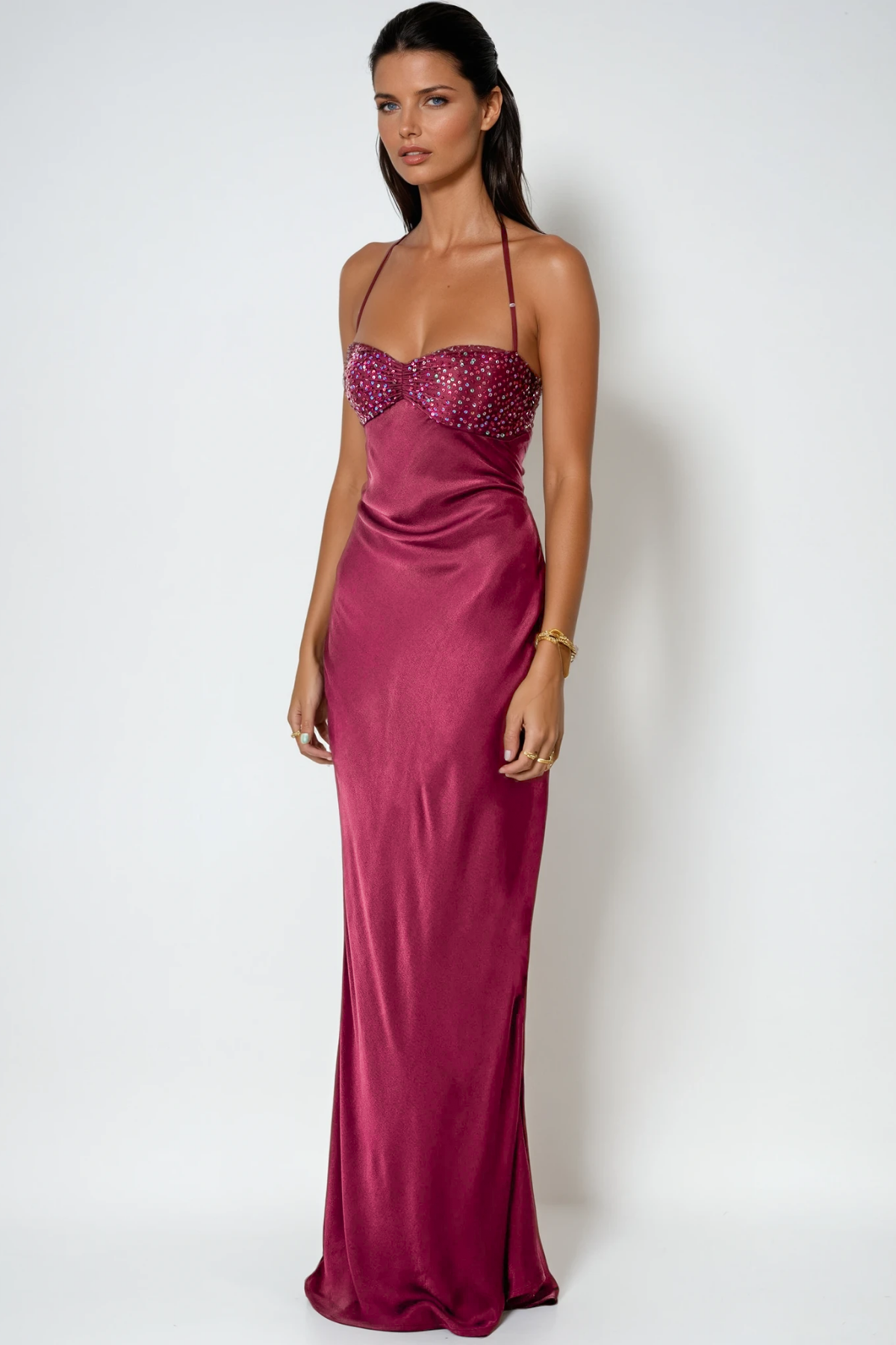 Davlat Halter Neck Sequin Satin Maxi Dress In Purple
