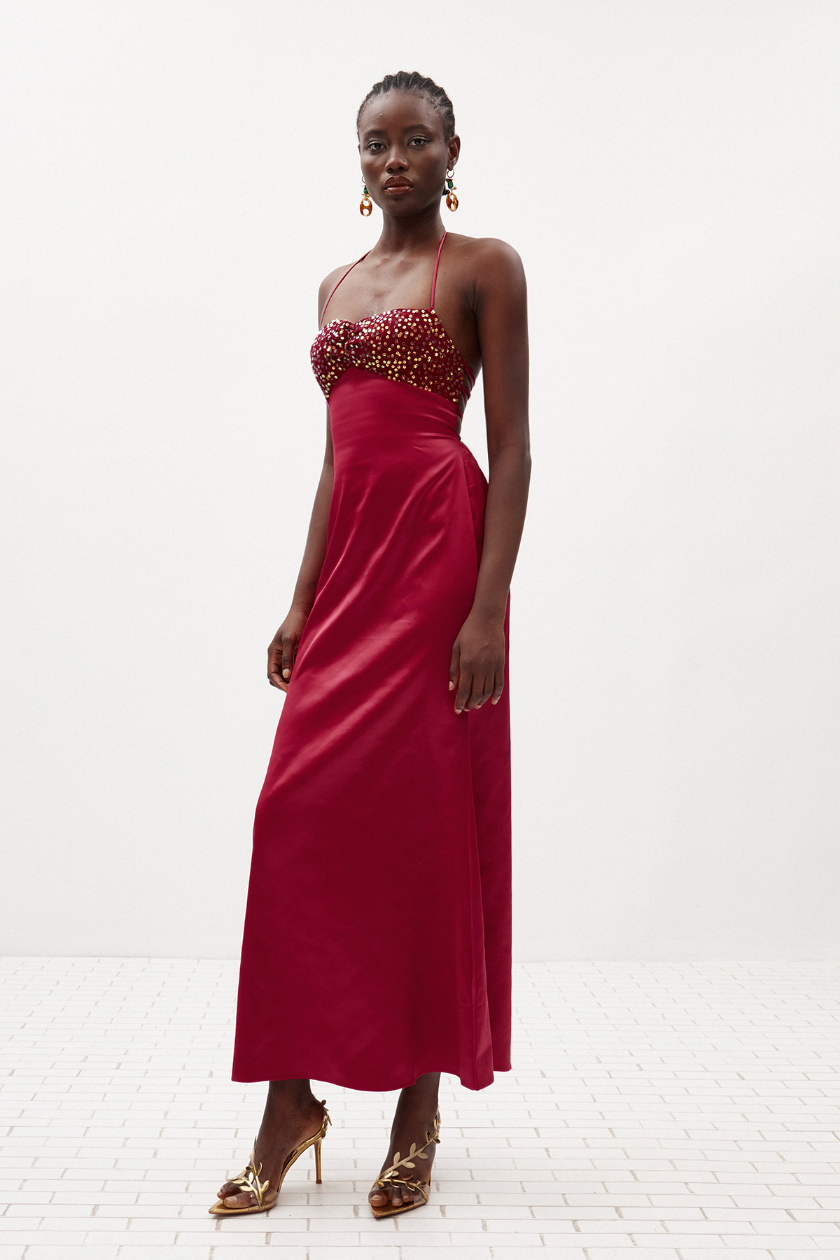 Davlat Halter Neck Sequin Satin Maxi Dress In Purple