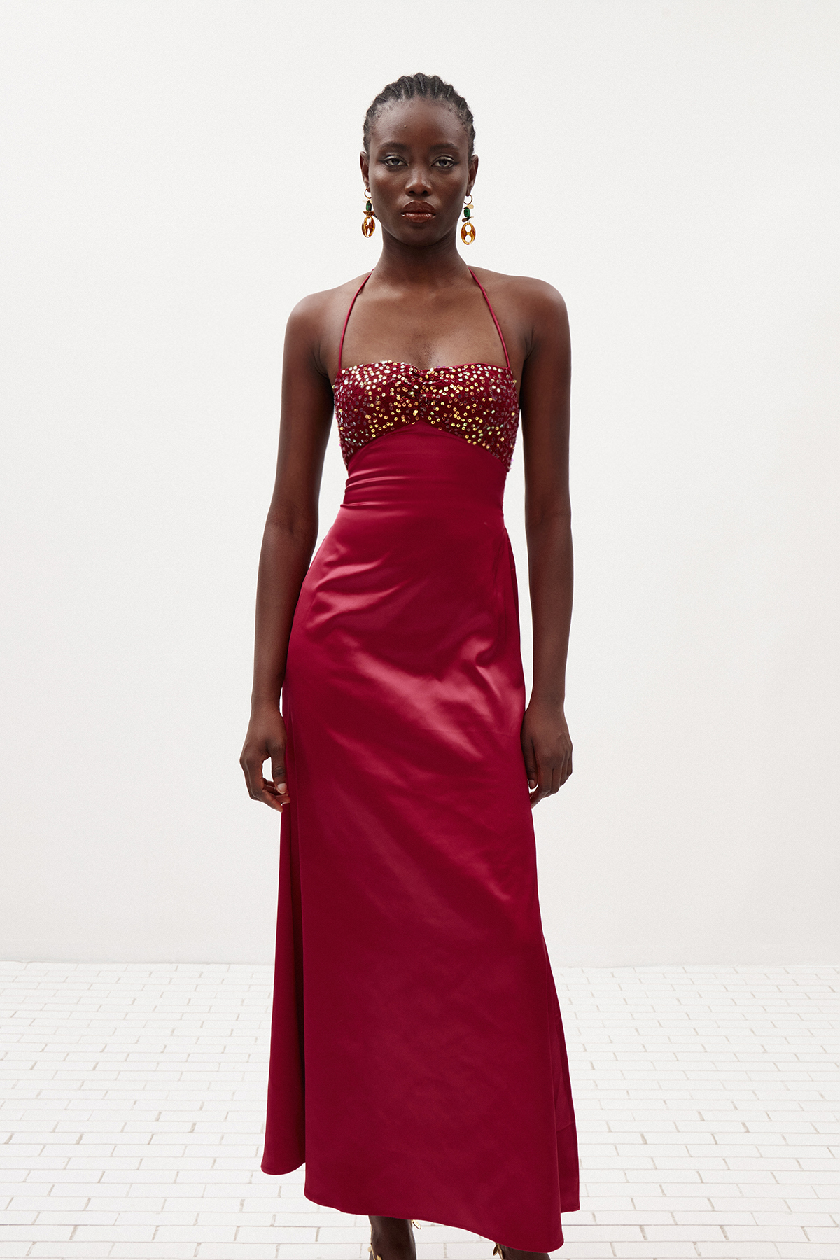 Davlat Halter Neck Sequin Satin Maxi Dress In Purple