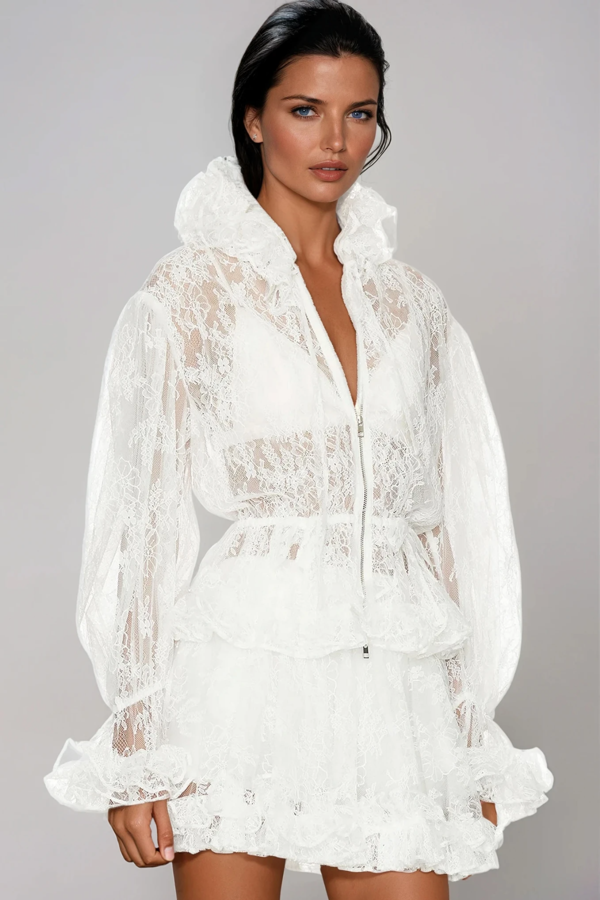 Davon Balloon Sleeve Lace Playsuit In White