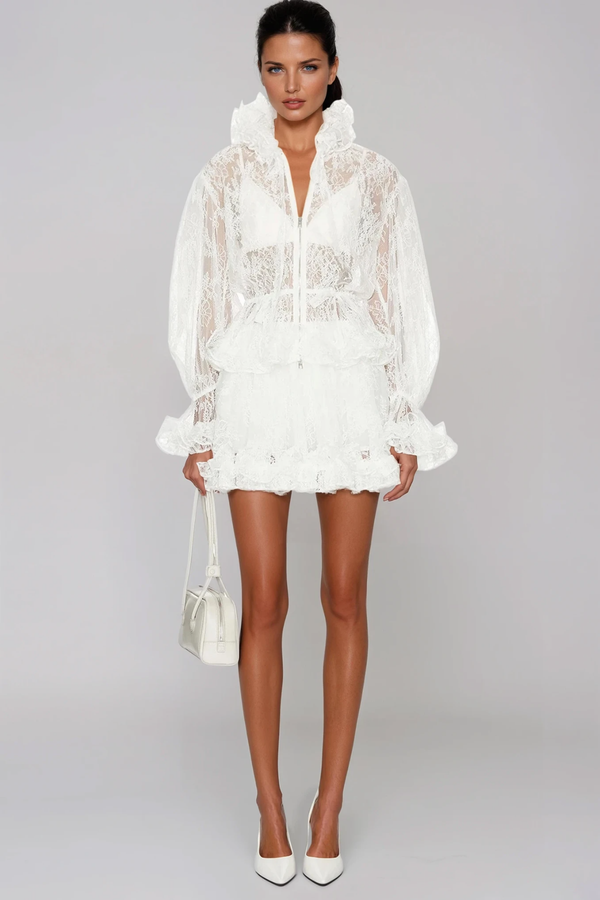 Davon Balloon Sleeve Lace Playsuit In White