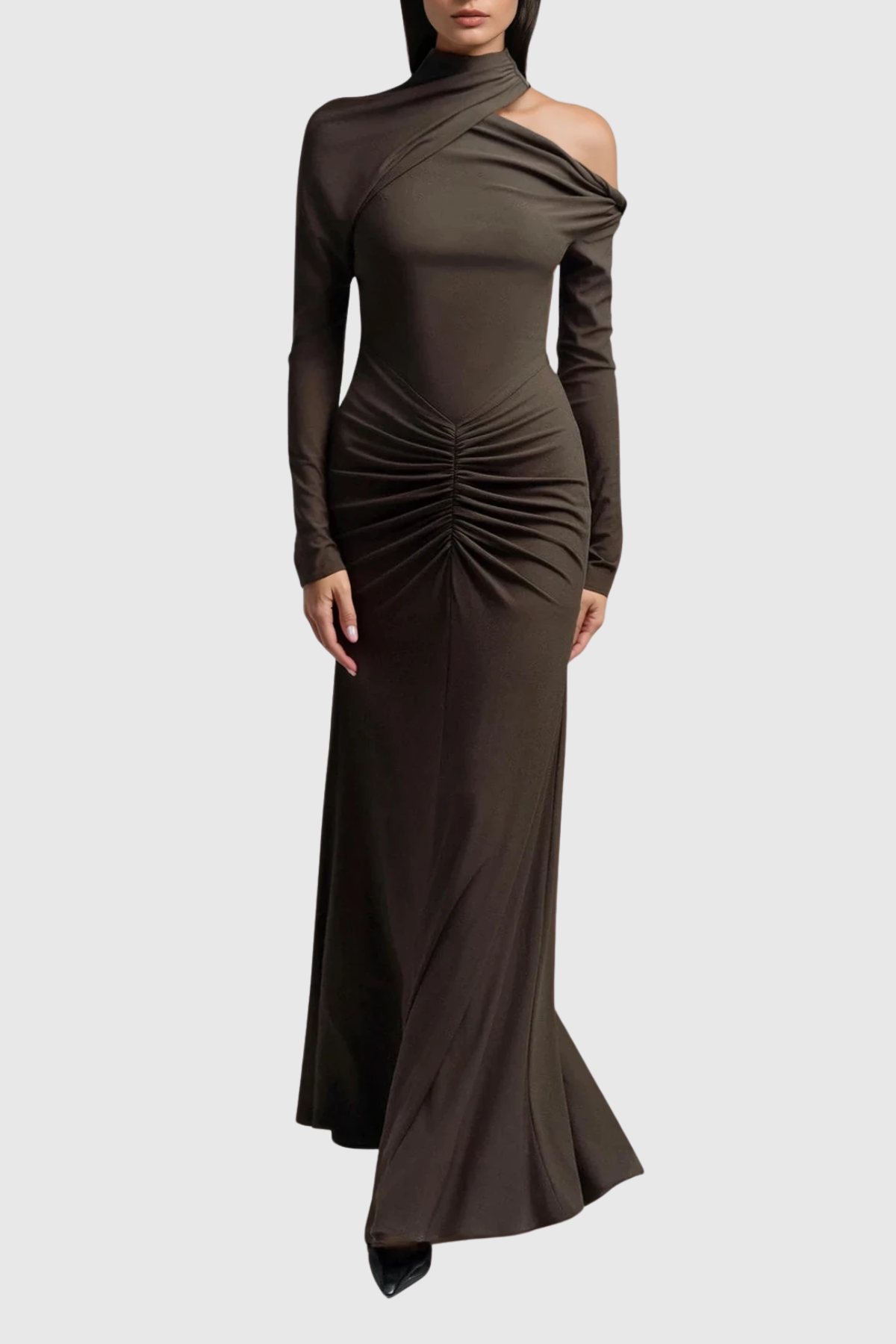 Daw Cutout Ruch Asymmetric Maxi Dress In Brown