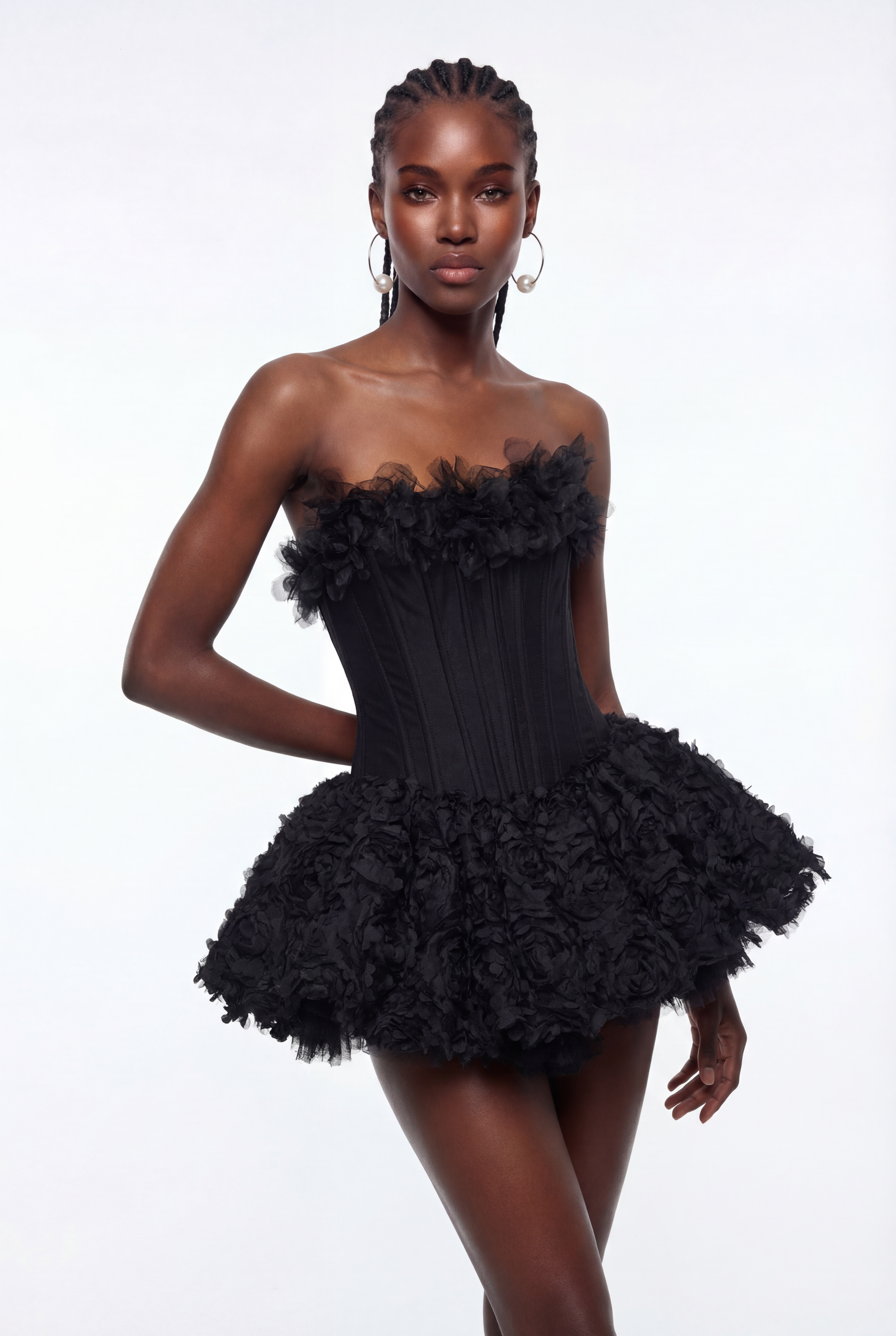 Daxton Corset Flower Puffy Mini Dress In Black
