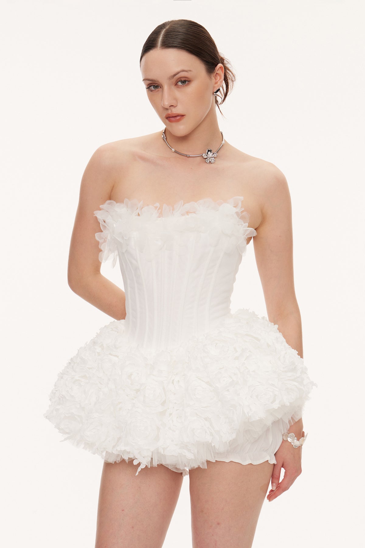 Daxton Corset Flower Puffy Mini Dress In White