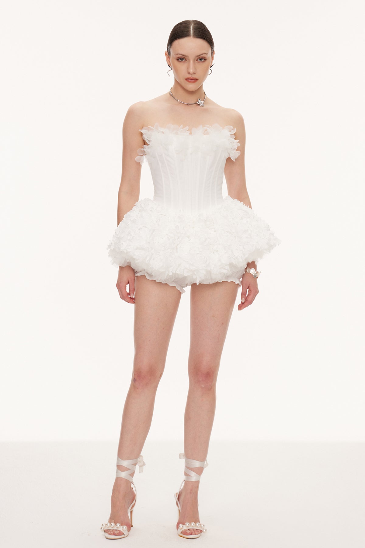 Daxton Corset Flower Puffy Mini Dress In White