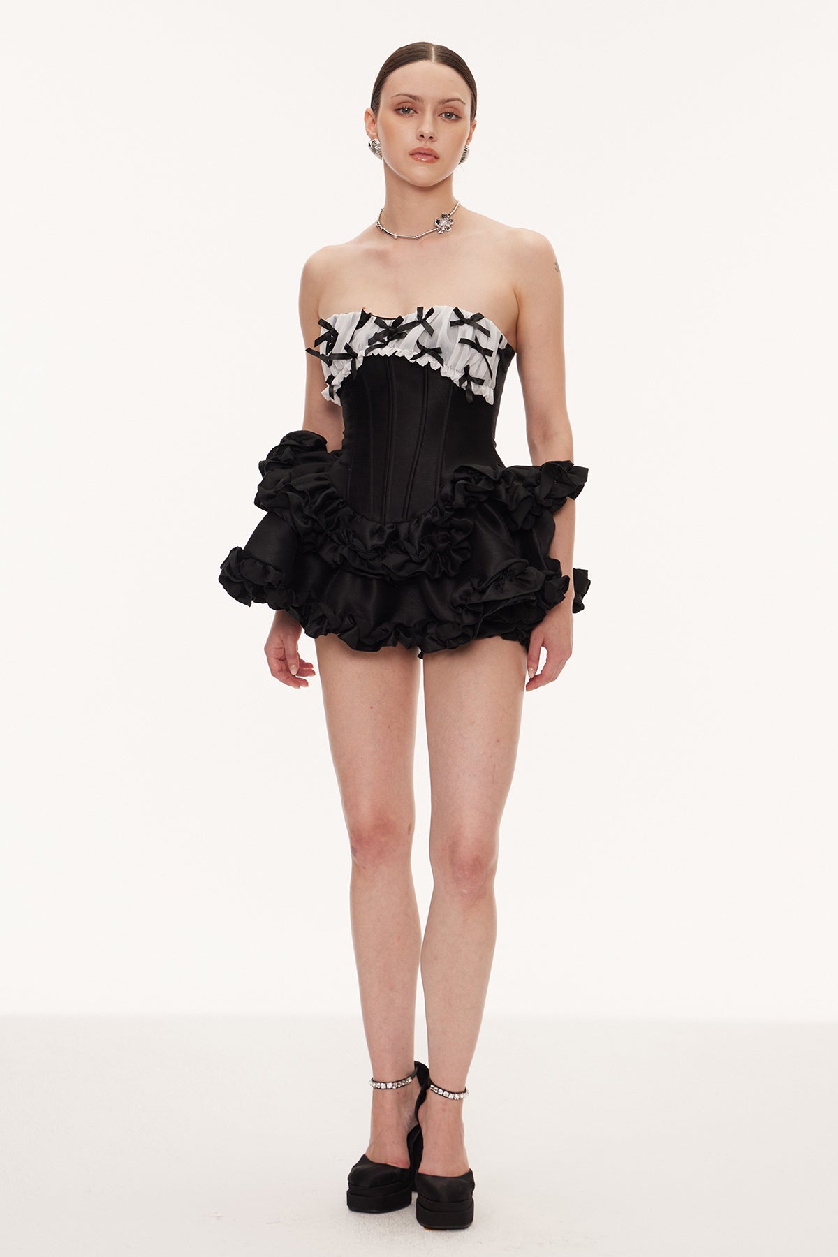 Daxton Strapless Corset Puffy Mini Dress In Black