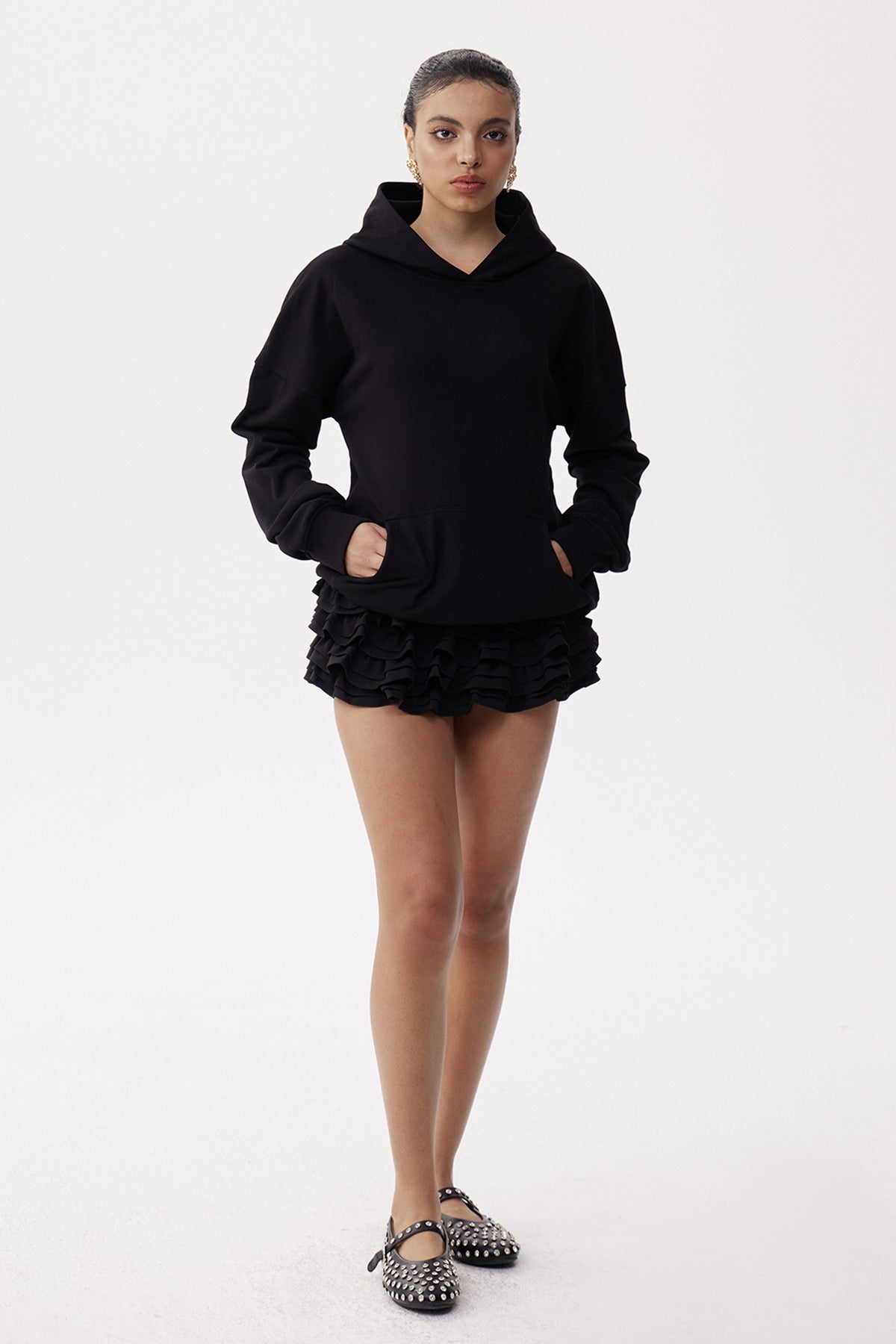 Dazhbog Hooded Rhinestone Mesh Top In Black