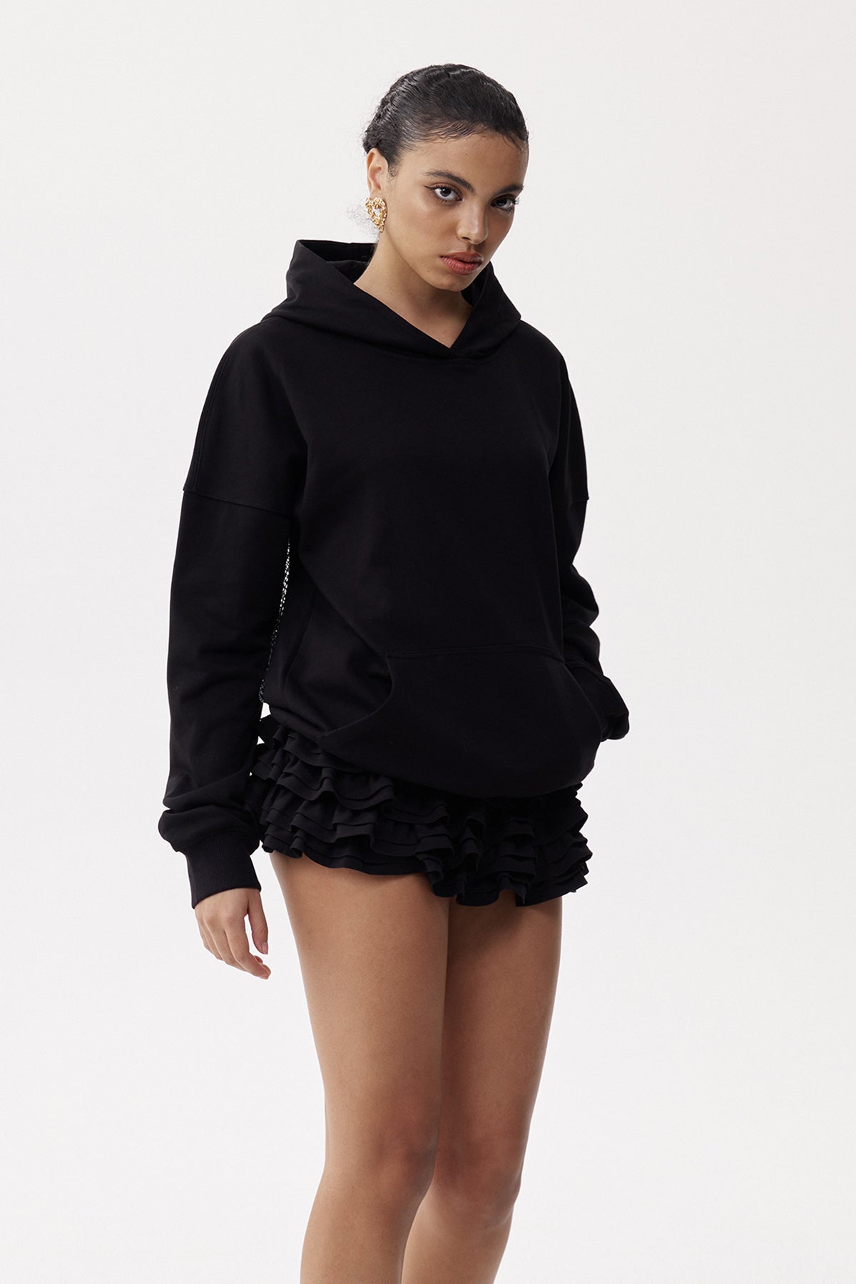 Dazhbog Hooded Rhinestone Mesh Top In Black