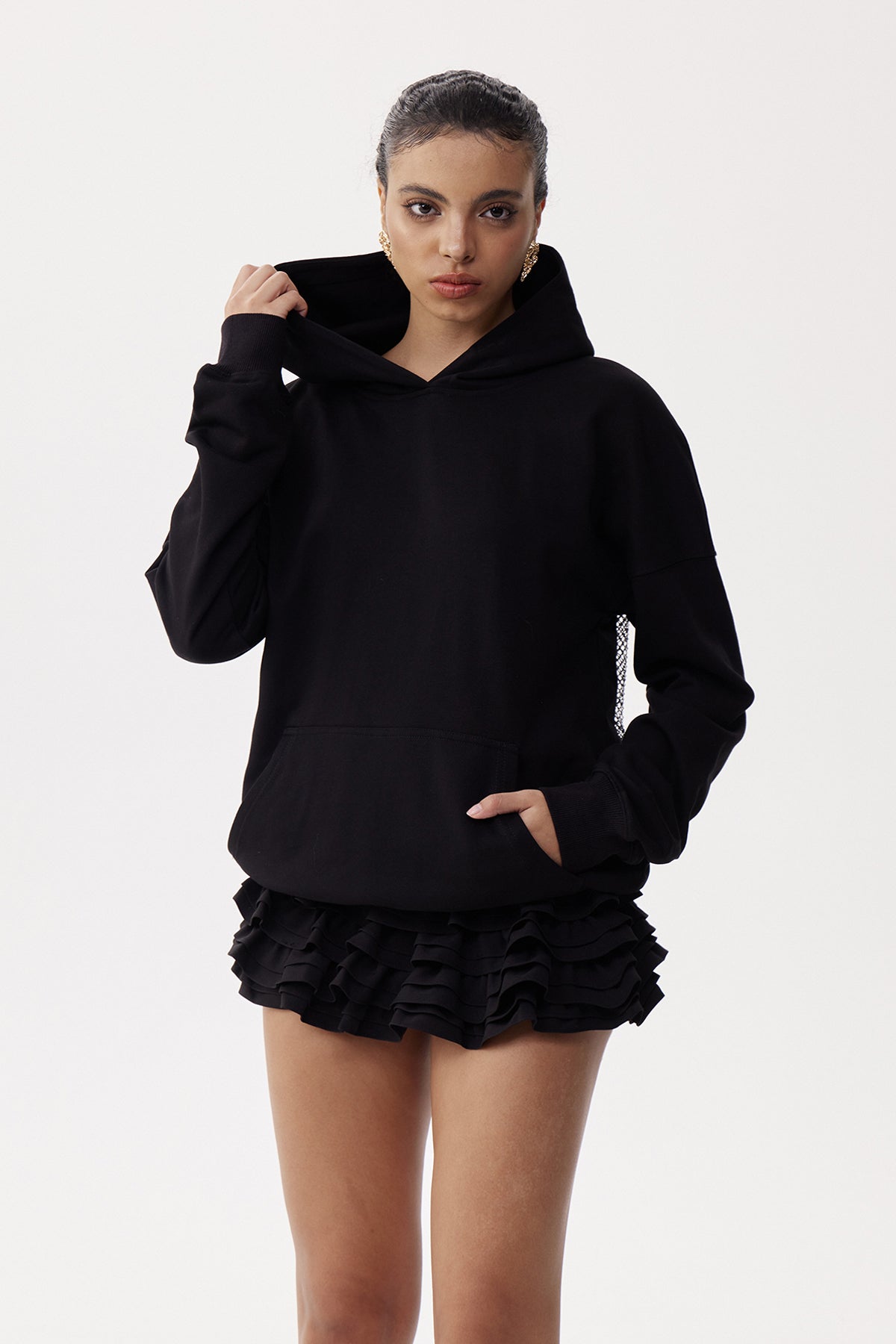 Dazhbog Hooded Rhinestone Mesh Top In Black