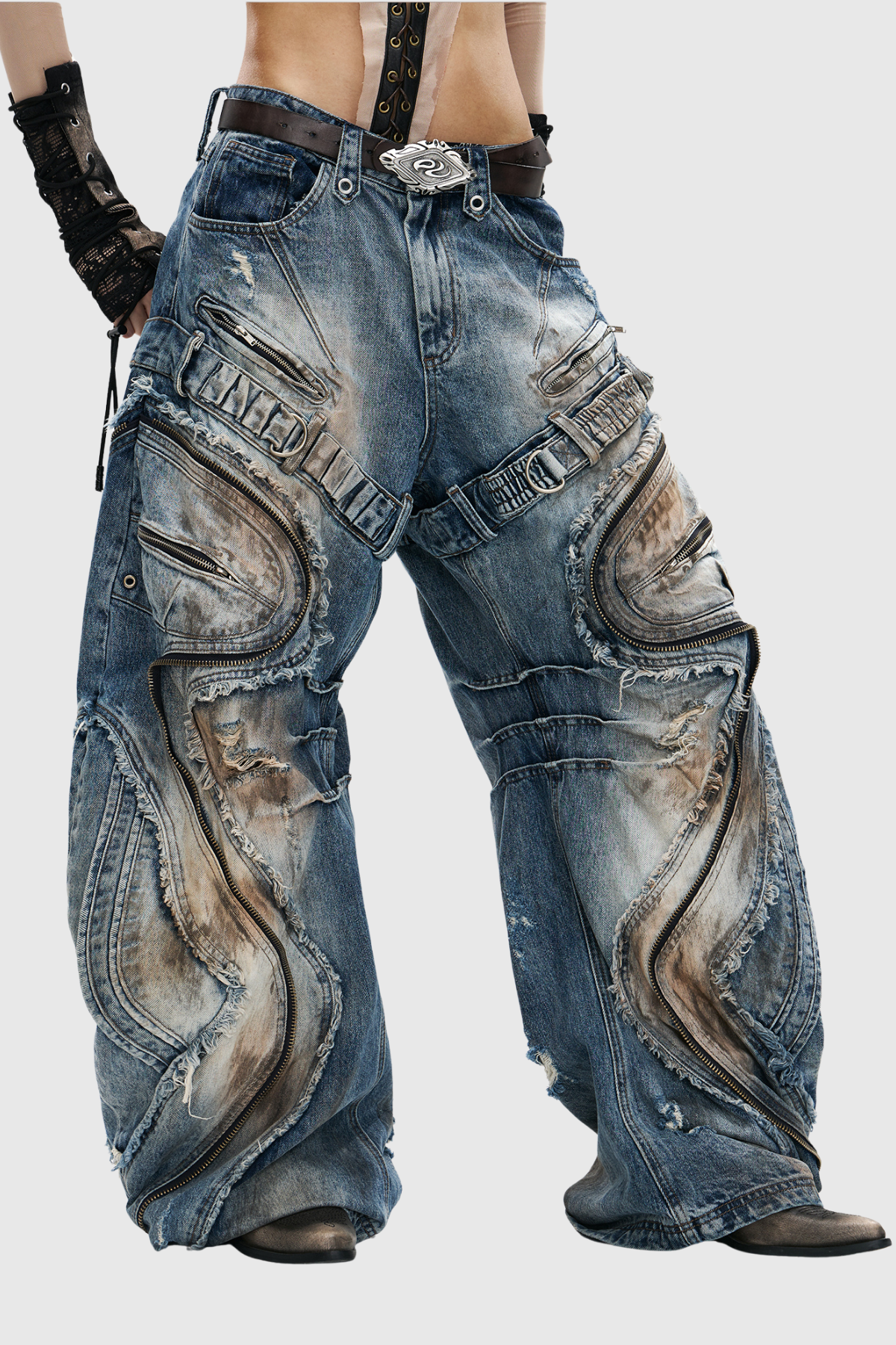Debdas Zipper Bleached Baggy Jeans