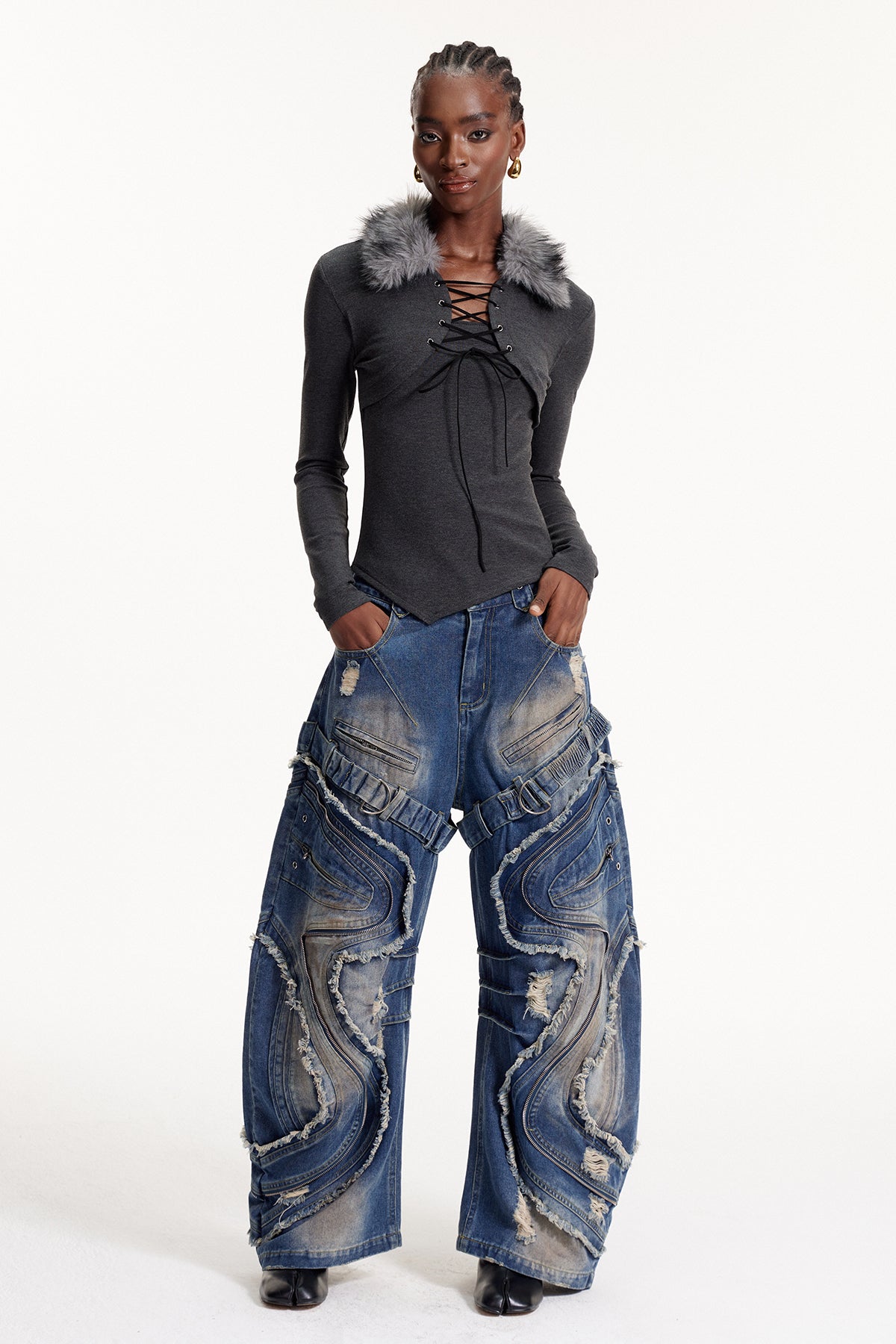 Debdas Zipper Bleached Baggy Jeans